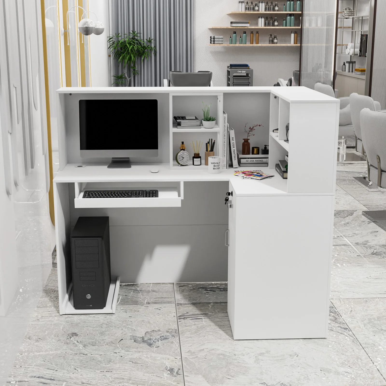 OmySalon OSRD-L Modern Computer Reception Desk with Removable Grid and Lockable Drawer - Image 13