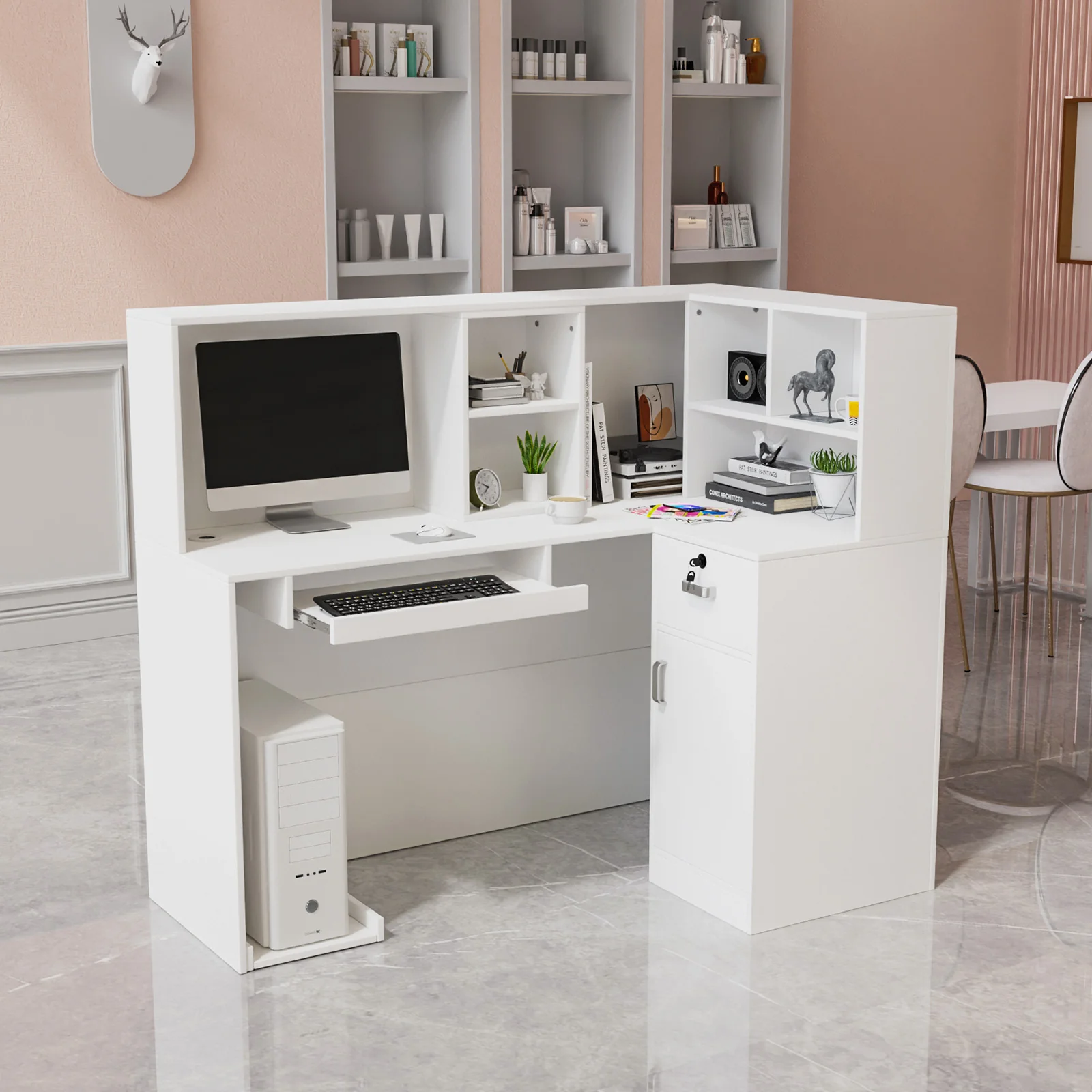 OmySalon OSRD-L Modern Computer Reception Desk with Removable Grid and Lockable Drawer - Image 14