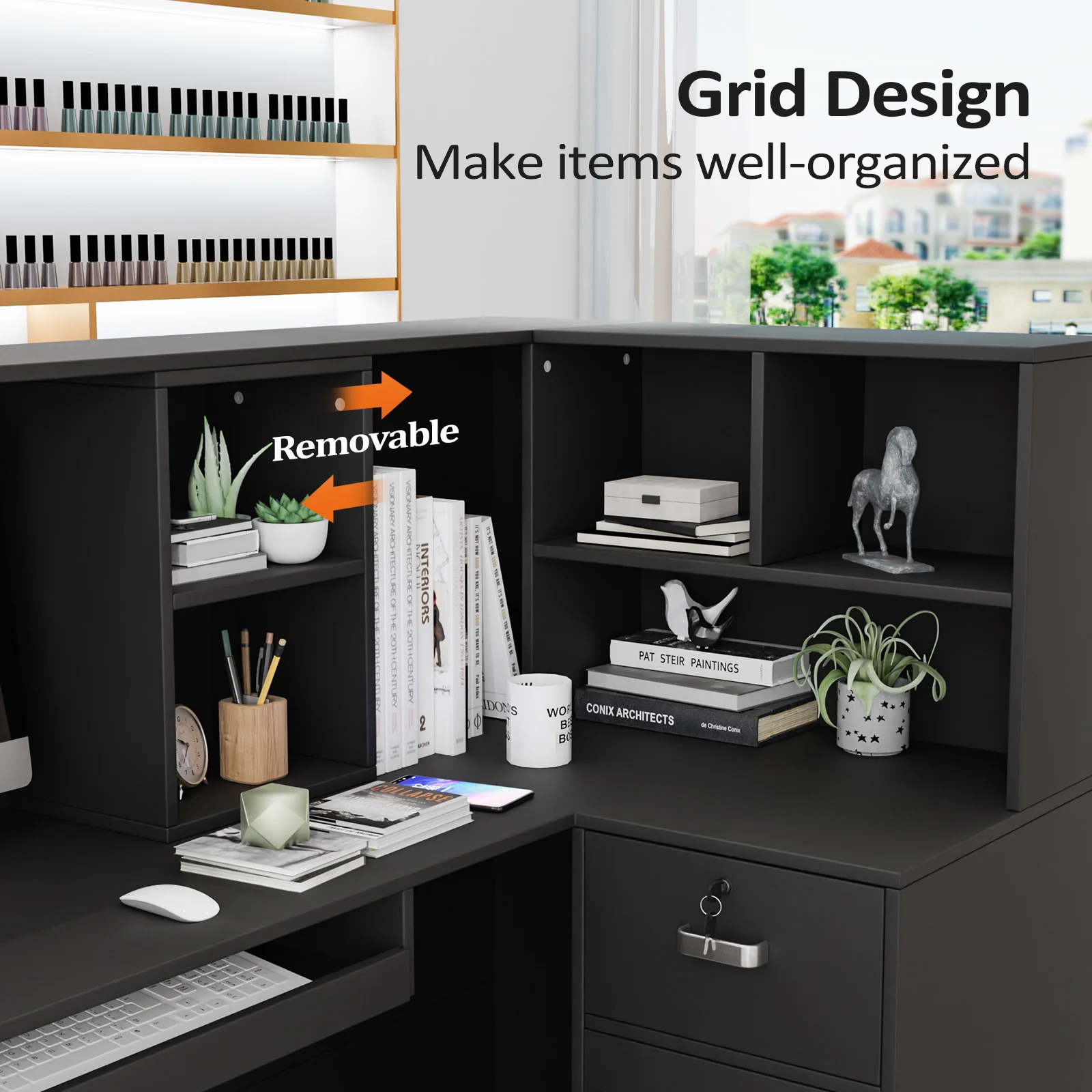 OmySalon OSRD-L Modern Computer Reception Desk with Removable Grid and Lockable Drawer - Image 3