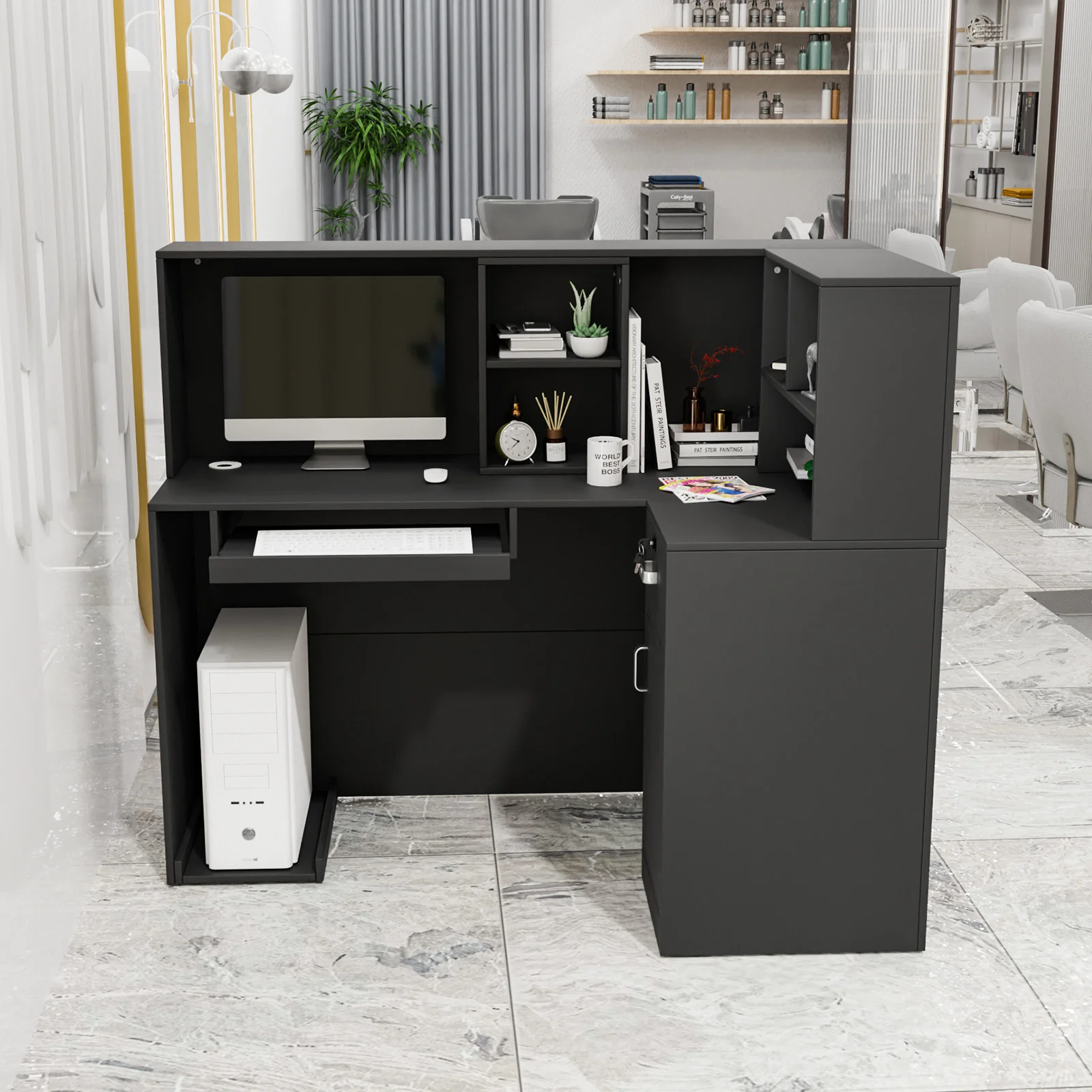 OmySalon OSRD-L Modern Computer Reception Desk with Removable Grid and Lockable Drawer - Image 5
