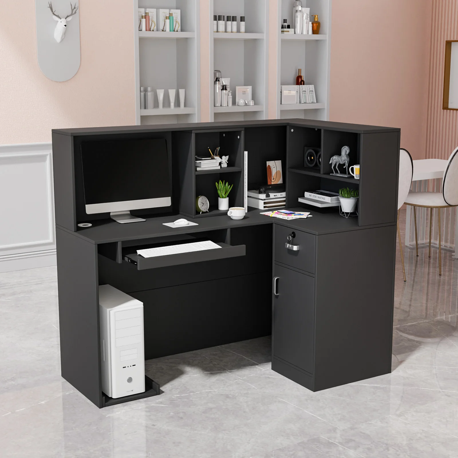 OmySalon OSRD-L Modern Computer Reception Desk with Removable Grid and Lockable Drawer - Image 6