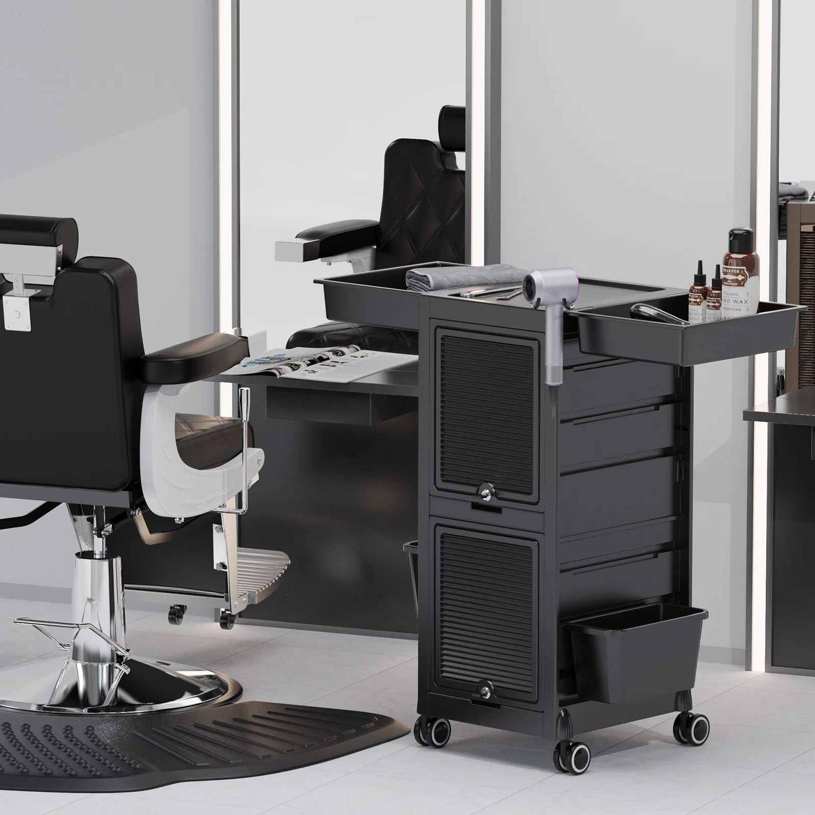 OmySalon ST1802 Rolling Salon Trolley Cart w/Wheels & 2 Lockable Doors 4 Drawers 2 Buckets 1 Dryer Holder - Image 10