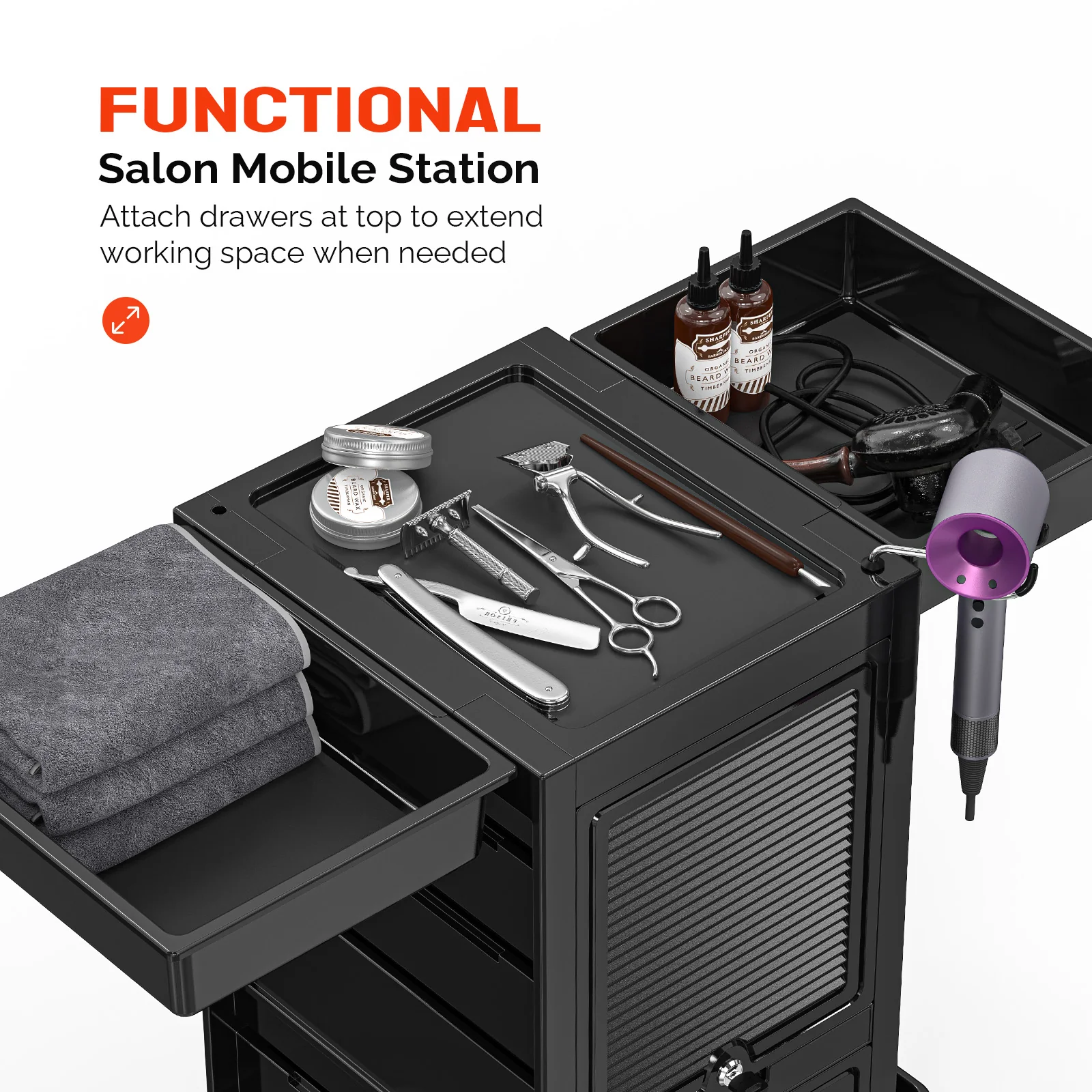 OmySalon ST1802 Rolling Salon Trolley Cart w/Wheels & 2 Lockable Doors 4 Drawers 2 Buckets 1 Dryer Holder - Image 3
