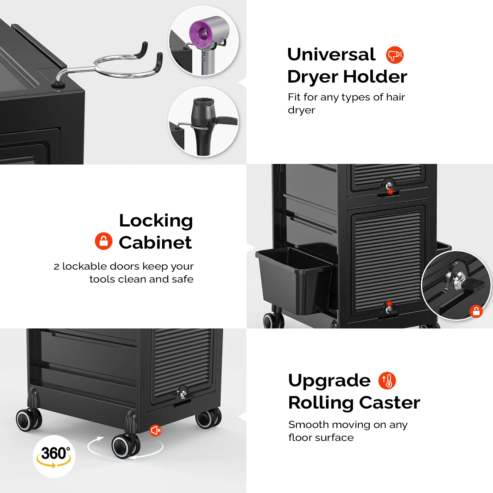 OmySalon ST1802 Rolling Salon Trolley Cart w/Wheels & 2 Lockable Doors 4 Drawers 2 Buckets 1 Dryer Holder - Image 4