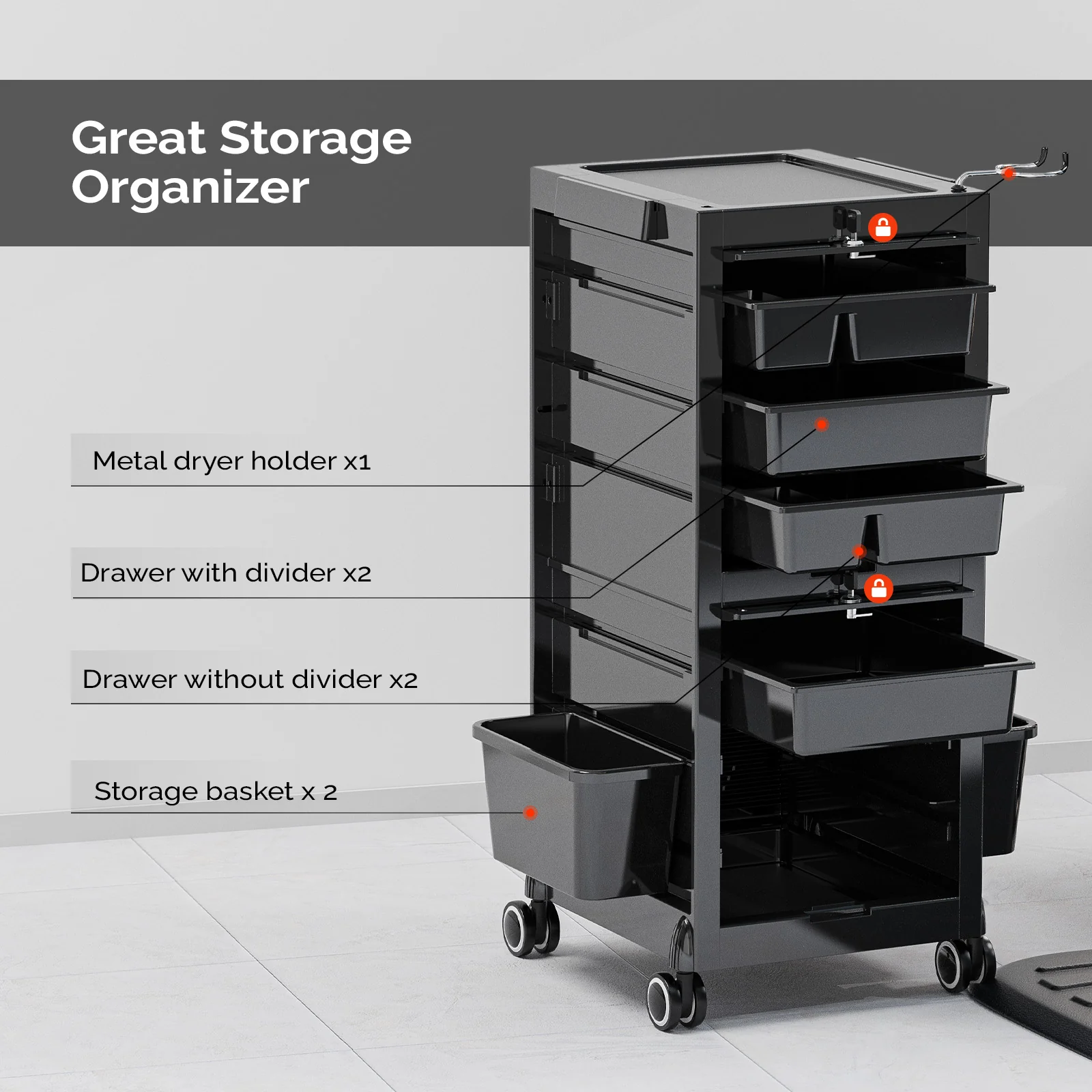OmySalon ST1802 Rolling Salon Trolley Cart w/Wheels & 2 Lockable Doors 4 Drawers 2 Buckets 1 Dryer Holder - Image 5