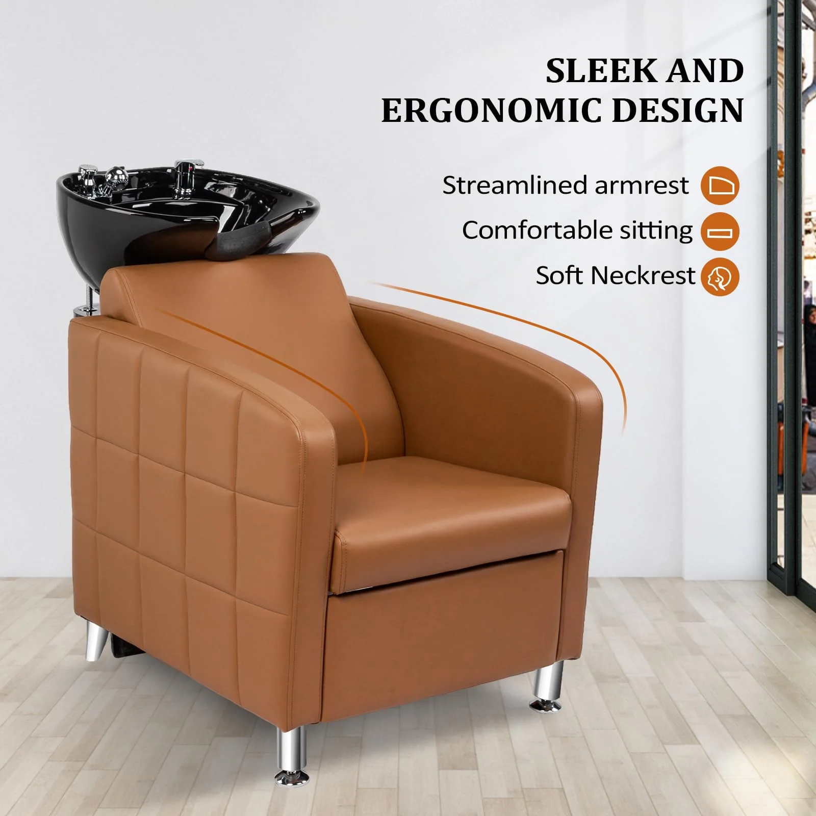 OmySalon BU1401 Salon Shampoo Bowl and Chair Backwash Unit with Extra Wide Seat & Porcelain Hair Washing Sink - Image 10