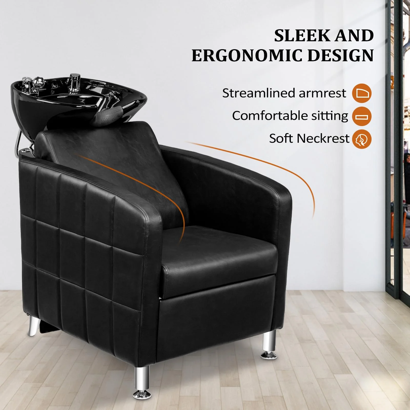 OmySalon BU1401 Salon Shampoo Bowl and Chair Backwash Unit with Extra Wide Seat & Porcelain Hair Washing Sink - Image 2