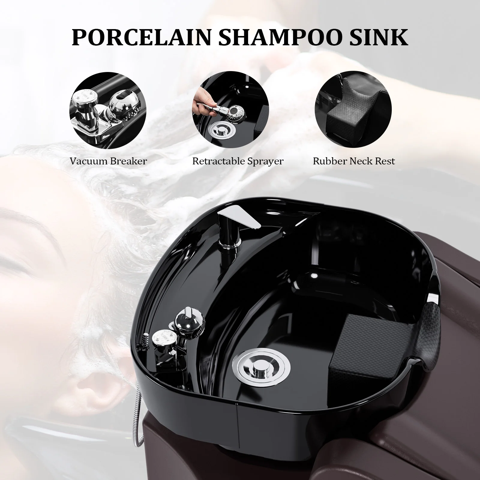 OmySalon BU1301 Salon Shampoo Bowl and Chair Backwash Unit with Extra Large Ceramic Bowl & Freestanding Ottoman - Image 11