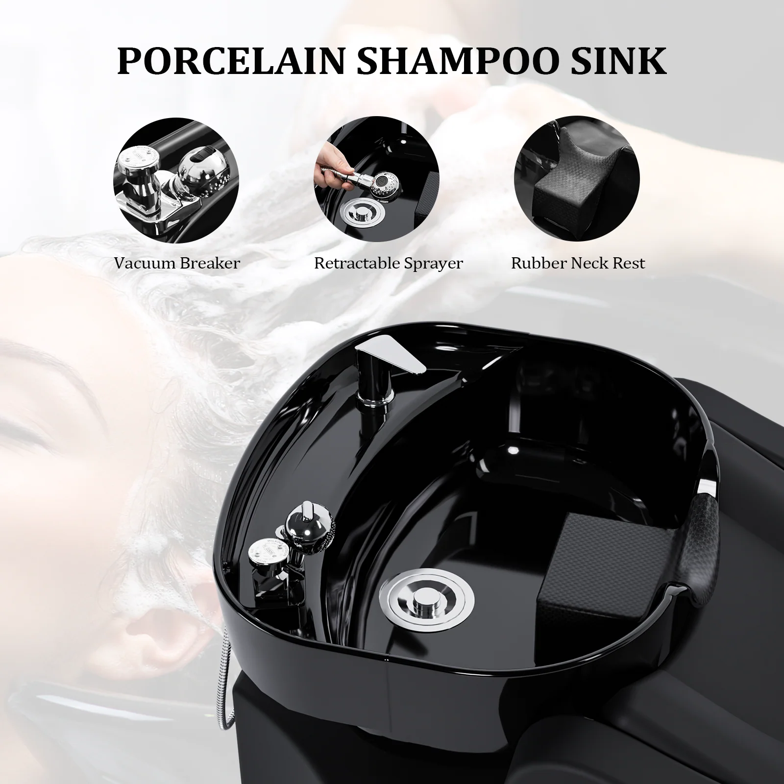 OmySalon BU1301 Salon Shampoo Bowl and Chair Backwash Unit with Extra Large Ceramic Bowl & Freestanding Ottoman - Image 3
