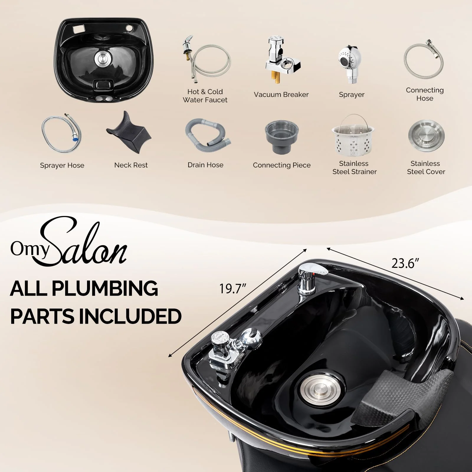 OmySalon BU1301 Salon Shampoo Bowl and Chair Backwash Unit with Extra Large Ceramic Bowl & Freestanding Ottoman - Image 34