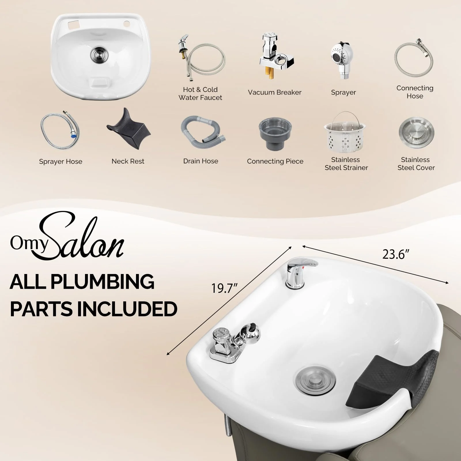 OmySalon BU1301 Salon Shampoo Bowl and Chair Backwash Unit with Extra Large Ceramic Bowl & Freestanding Ottoman - Image 38