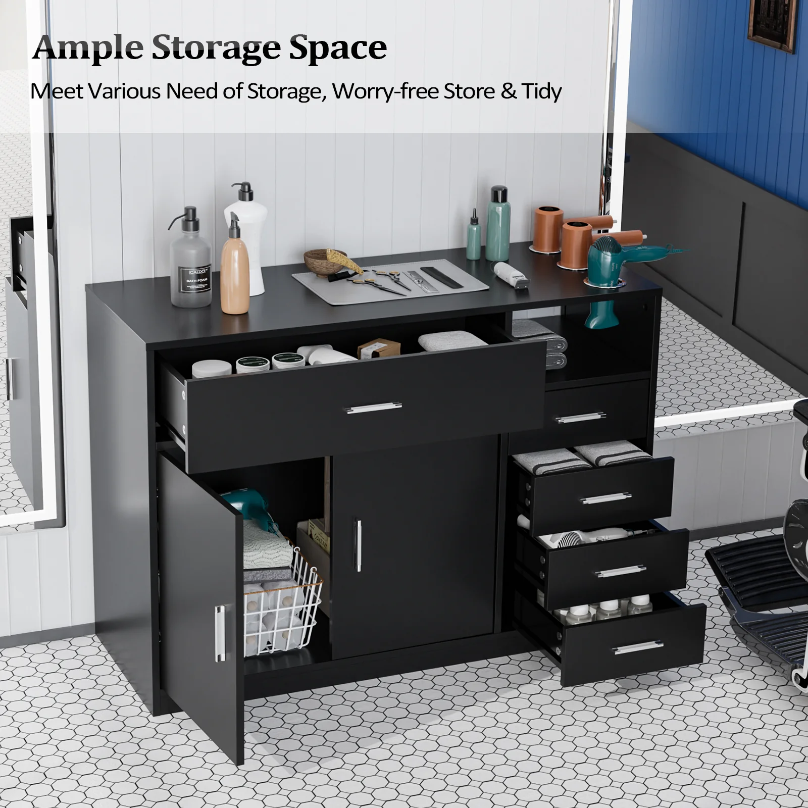 OmySalon HSC-22 Salon Station Cabinet Free Standing Styling Stations with 5 Drawers 1 Storage Cabinet 3 Hair Dryer Holders - Image 3
