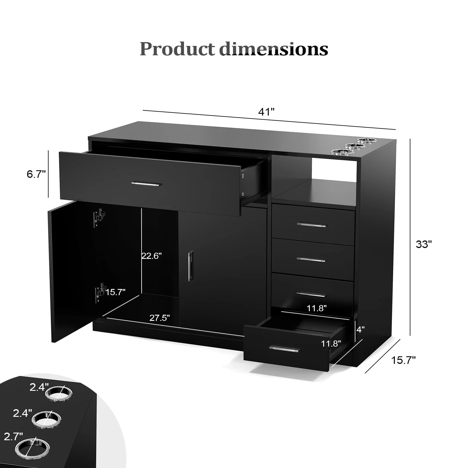 OmySalon HSC-22 Salon Station Cabinet Free Standing Styling Stations with 5 Drawers 1 Storage Cabinet 3 Hair Dryer Holders - Image 6