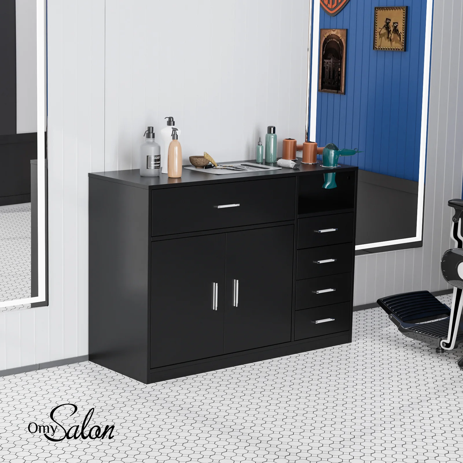 OmySalon HSC-22 Salon Station Cabinet Free Standing Styling Stations with 5 Drawers 1 Storage Cabinet 3 Hair Dryer Holders - Image 7