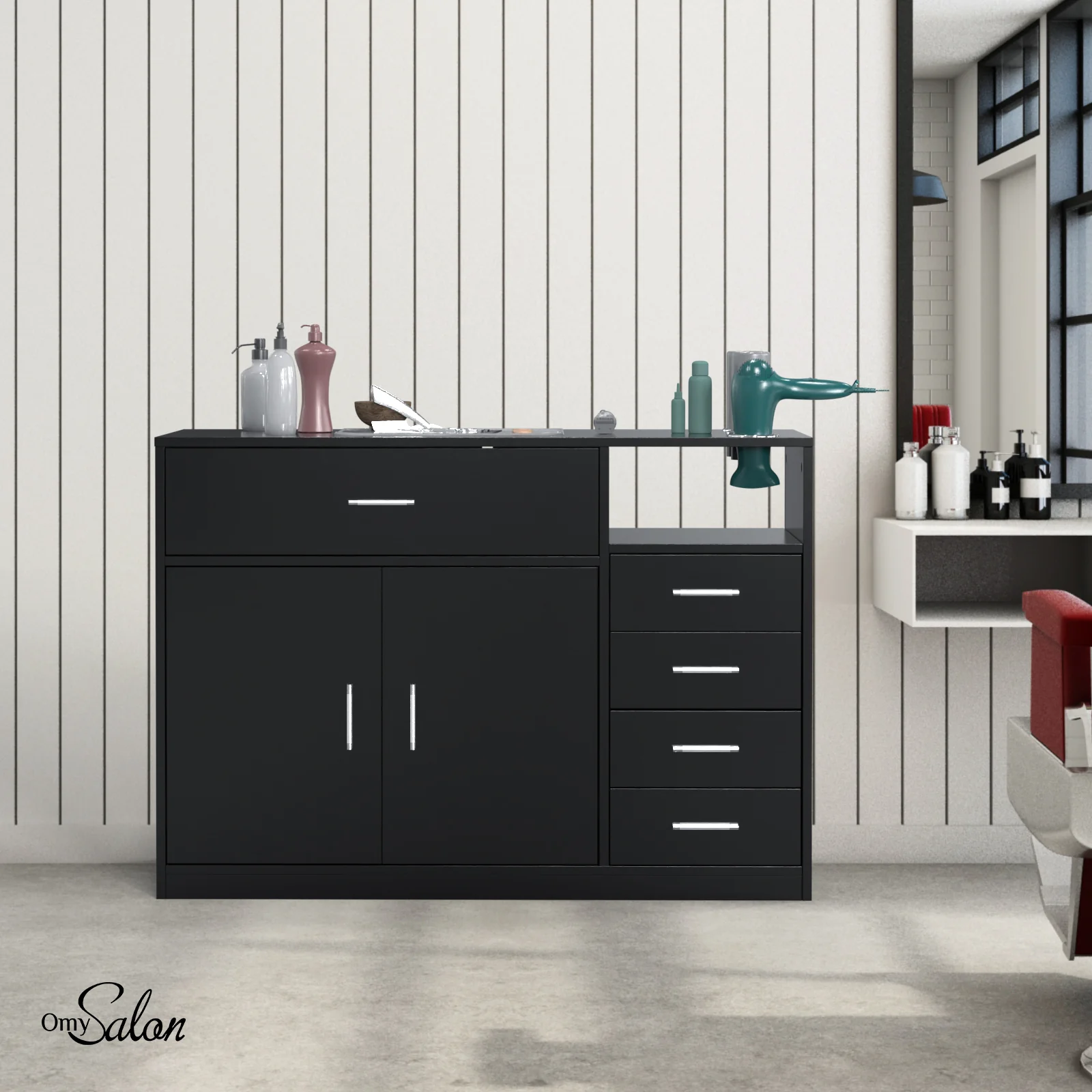 OmySalon HSC-22 Salon Station Cabinet Free Standing Styling Stations with 5 Drawers 1 Storage Cabinet 3 Hair Dryer Holders - Image 8