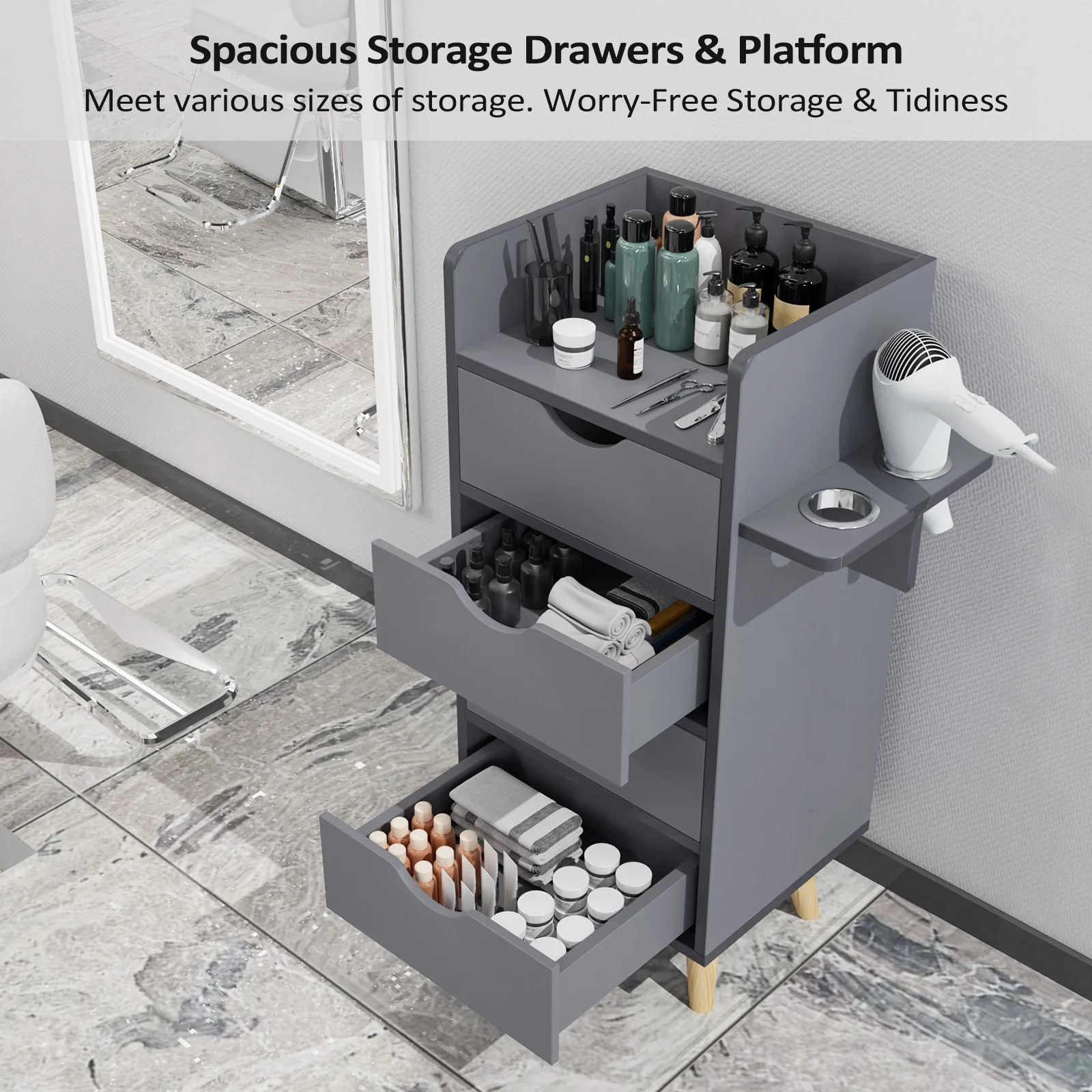 OmySalon HSC-16 4-Layer Salon Styling Storage Station w/4 Drawers 2 Hair Dryer Holders & Raised Table Legs - Image 12