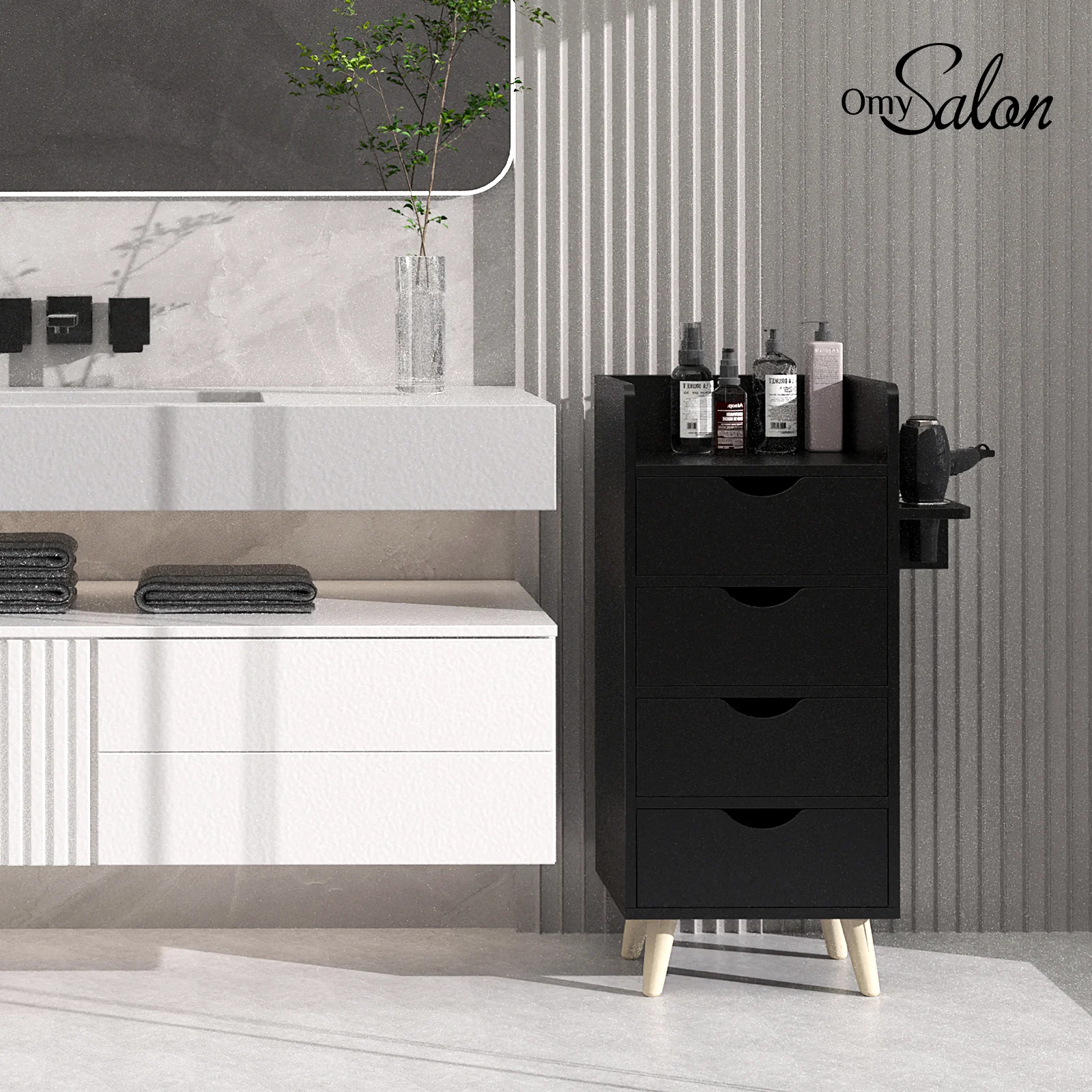 OmySalon HSC-16 4-Layer Salon Styling Storage Station w/4 Drawers 2 Hair Dryer Holders & Raised Table Legs - Image 7