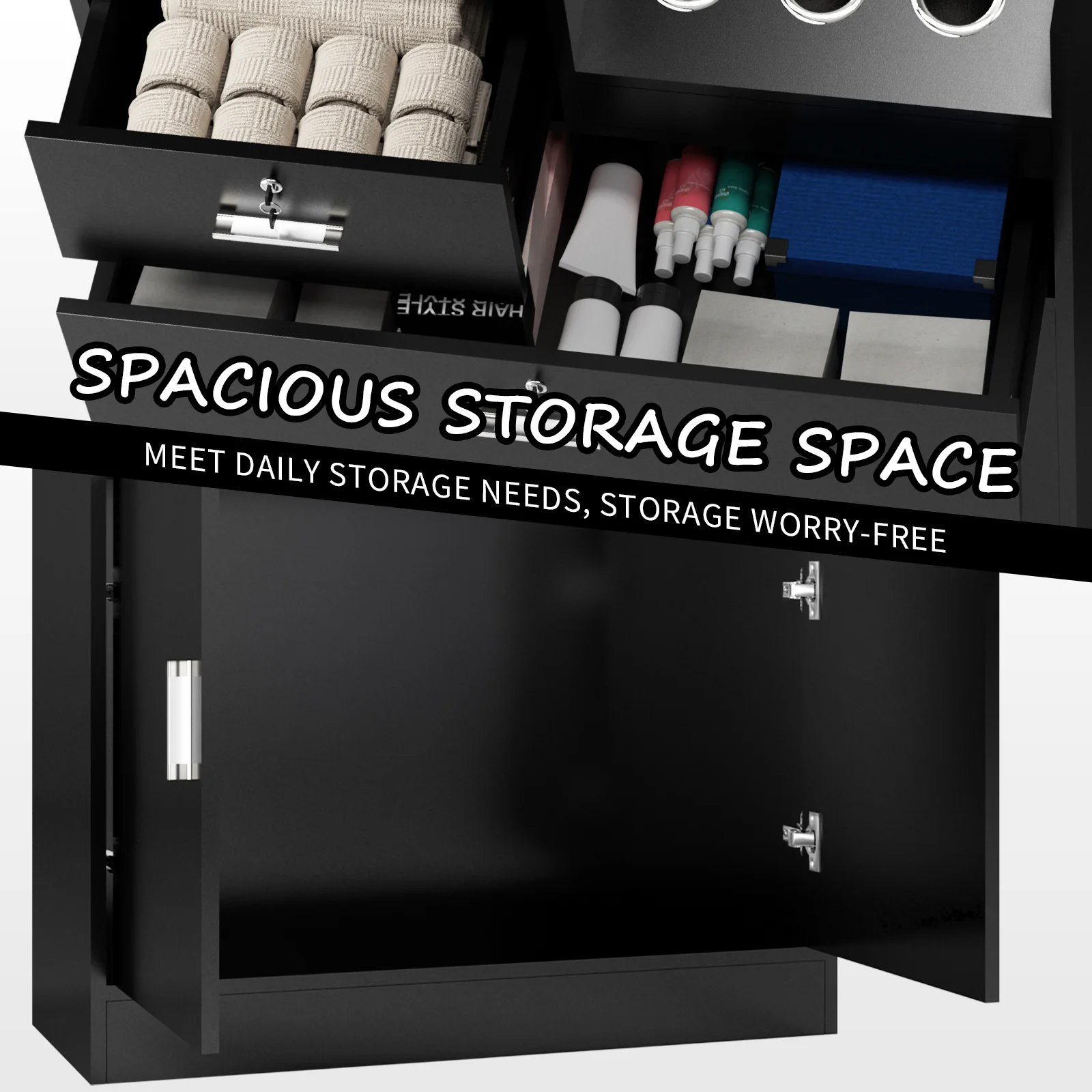 OmySalon HSC-18 Free Standing Salon Storage Station Cabinet w/2 Lockable Drawers 1 Cabinet 5 Hair Dryer Holders - Image 5