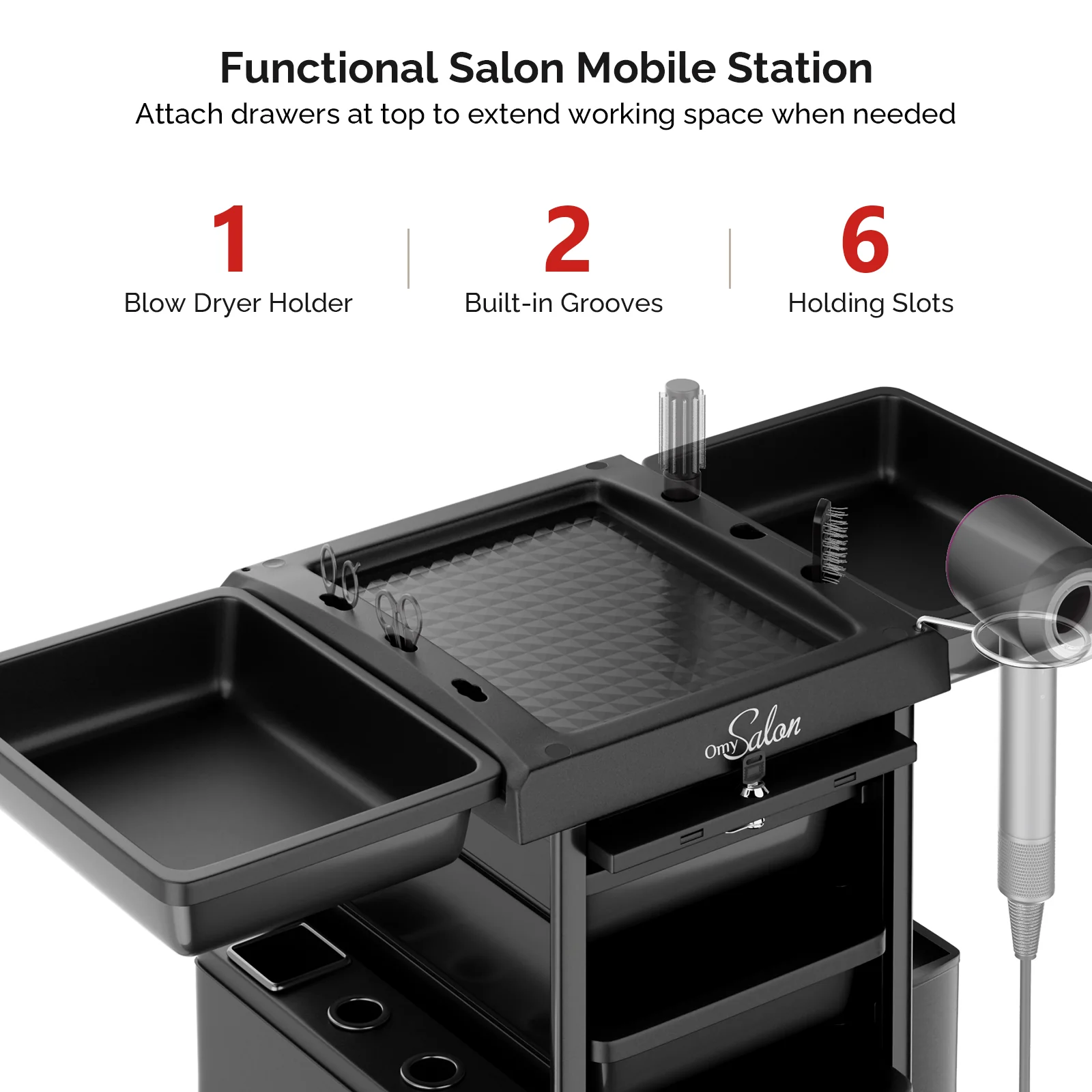 OmySalon ST1102 Multipurpose Rolling Salon Trolley Cart w/Wheels & 6 Drawers Hair Dryer Holders with Lock - Image 4