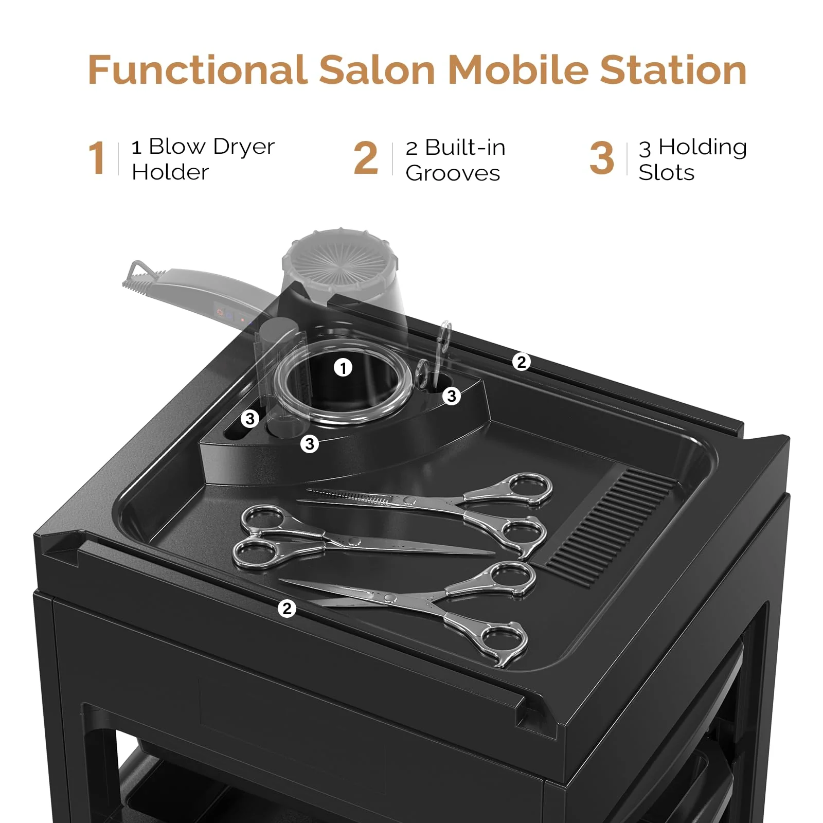 OmySalon ST1701 Rolling Salon Trolley Cart w/Wheels & 5 Drawers Hair Dryer Holders - Image 4