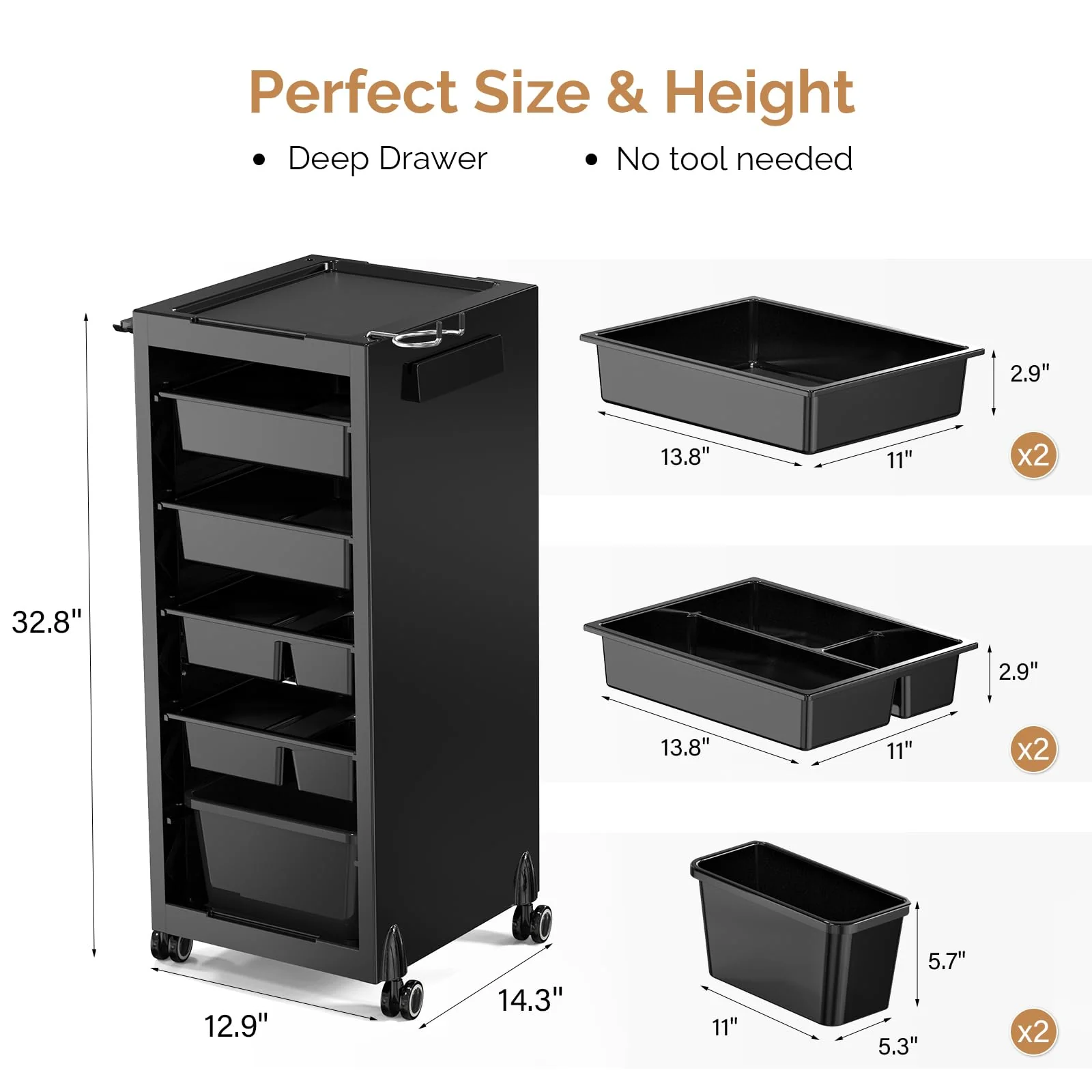 OmySalon ST1801 Rolling Salon Trolley Cart w/Wheels & 6 Drawers Hair Dryer Holders - Image 3