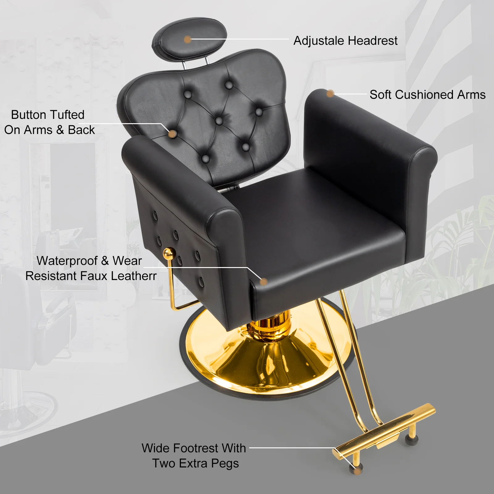 OmySalon SC2711 All Purpose Heavy Duty Hydraulic Reclining Hair Stylist Salon Chair w/Headrest and Button Tufting Curved Backrest - Image 10