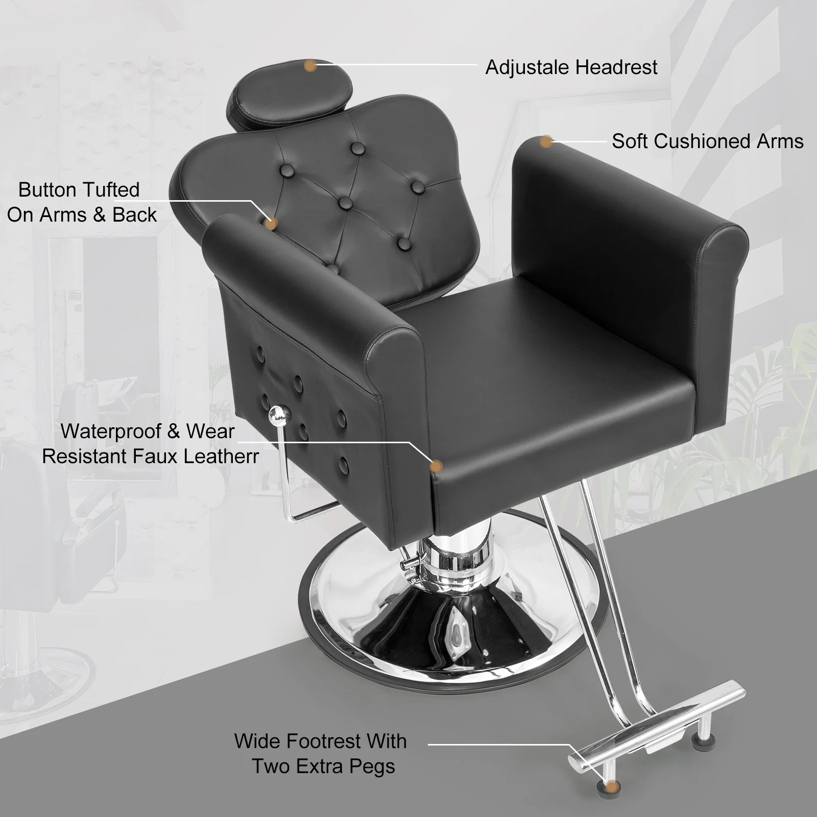 OmySalon SC2711 All Purpose Heavy Duty Hydraulic Reclining Hair Stylist Salon Chair w/Headrest and Button Tufting Curved Backrest - Image 24