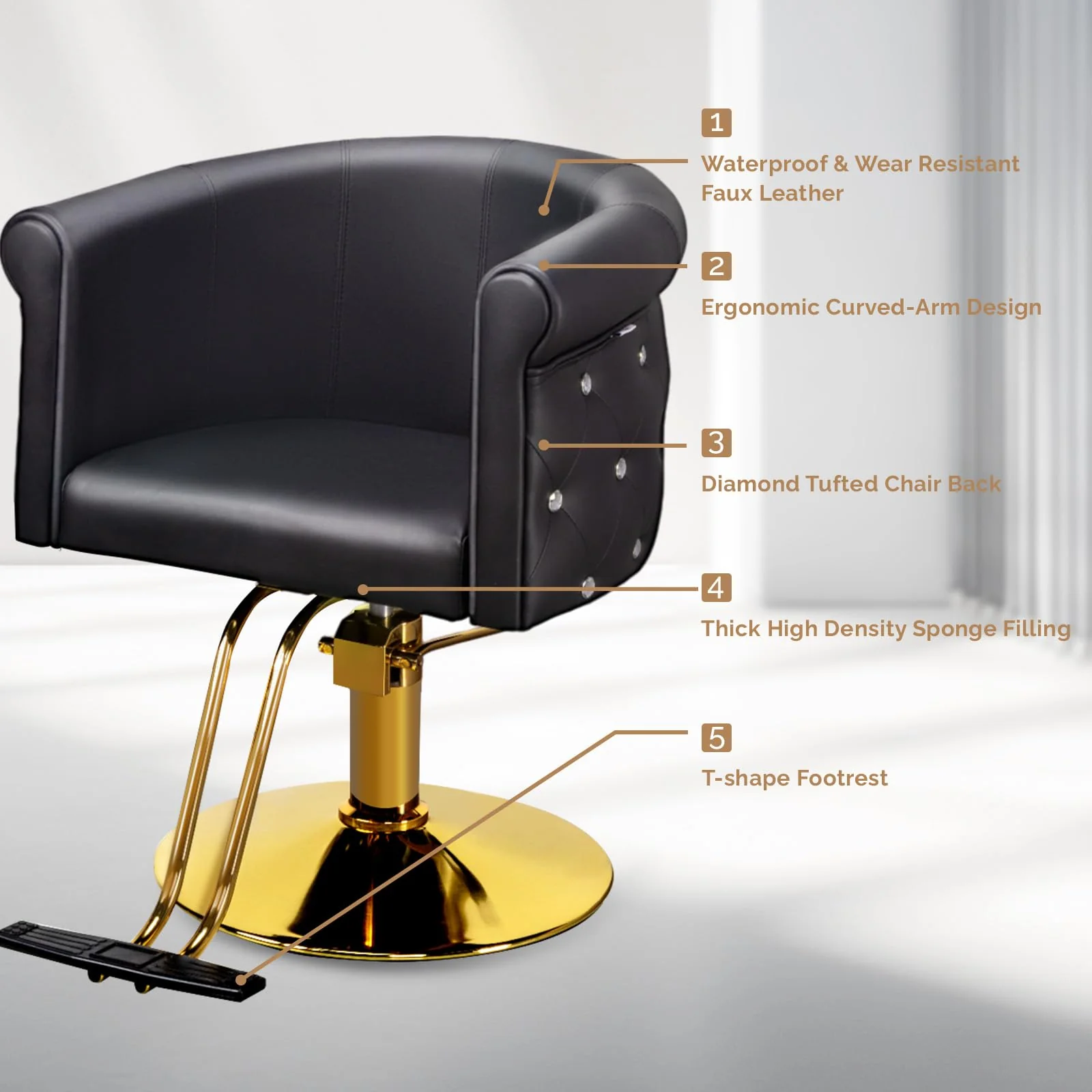 OmySalon SC3101 Modern Heavy Duty Hydraulic Swivel Hair Stylist Salon Chair w/Curved Backrest and Acrylic Button Accents - Image 11