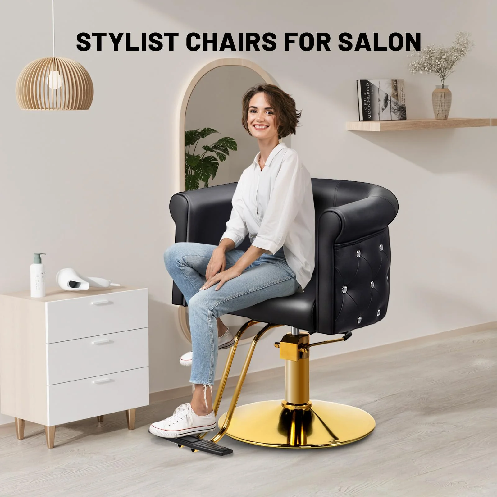 OmySalon SC3101 Modern Heavy Duty Hydraulic Swivel Hair Stylist Salon Chair w/Curved Backrest and Acrylic Button Accents - Image 15