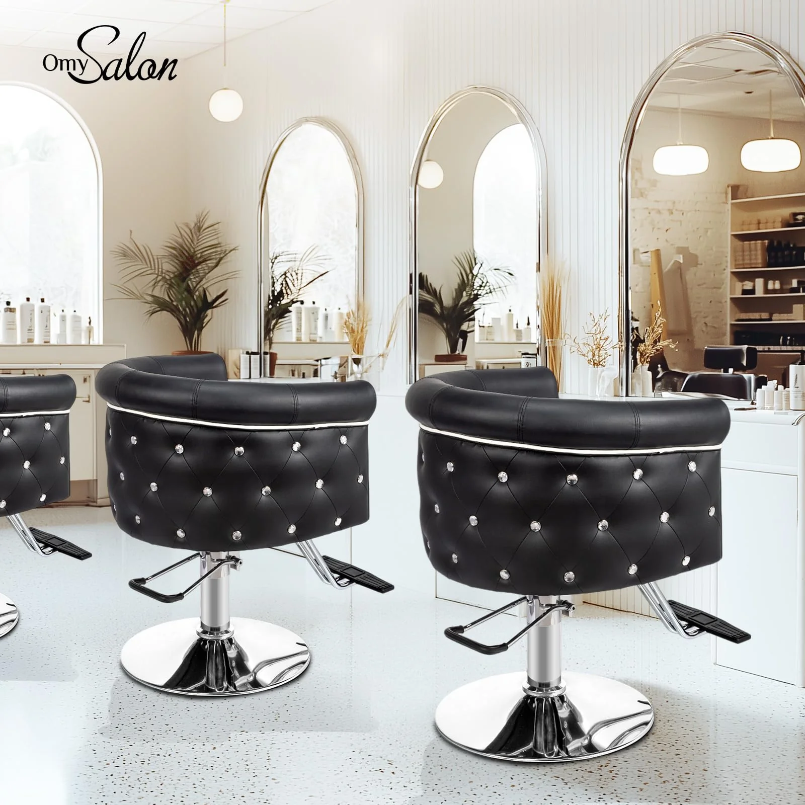 OmySalon SC3101 Modern Heavy Duty Hydraulic Swivel Hair Stylist Salon Chair w/Curved Backrest and Acrylic Button Accents - Image 2