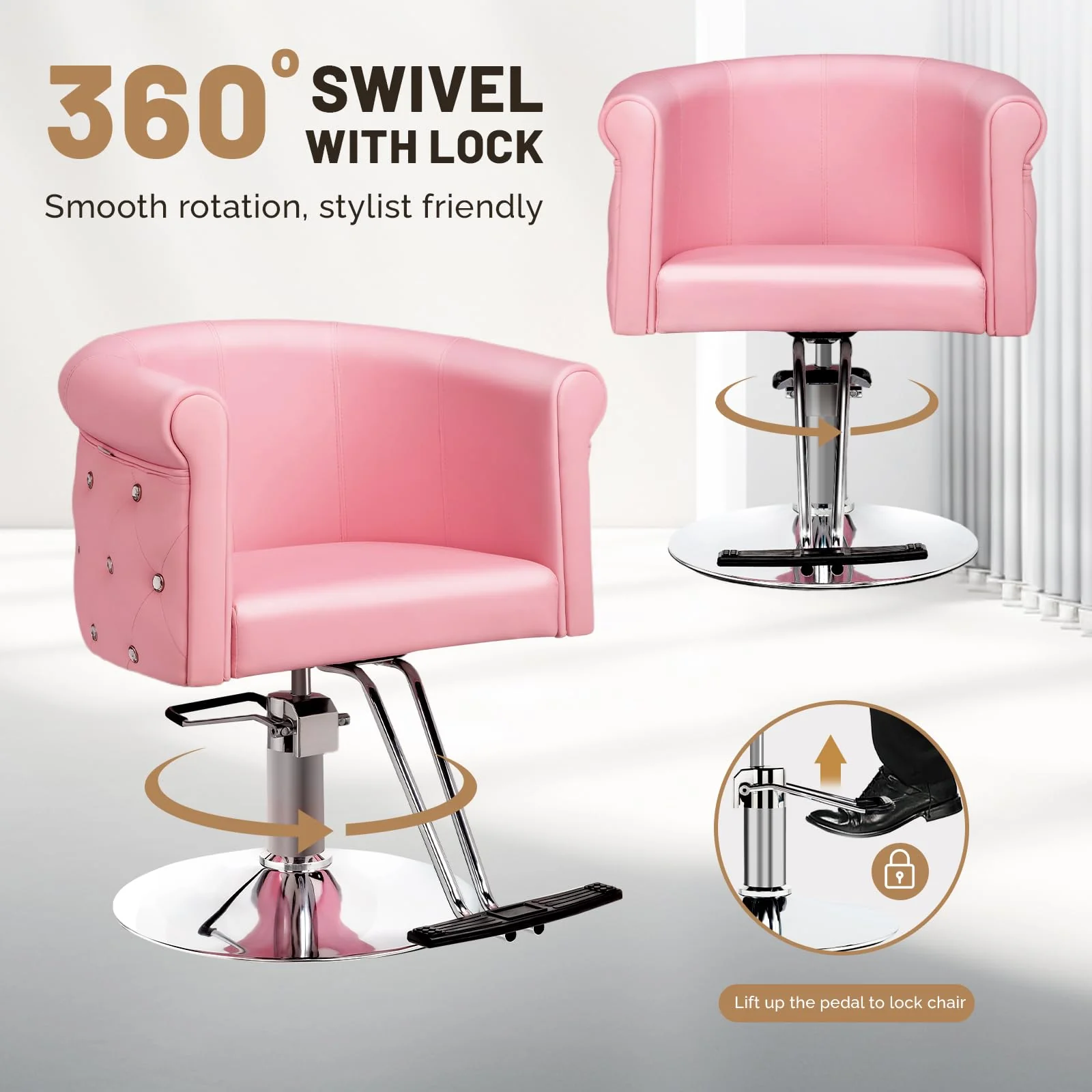 OmySalon SC3101 Modern Heavy Duty Hydraulic Swivel Hair Stylist Salon Chair w/Curved Backrest and Acrylic Button Accents - Image 22