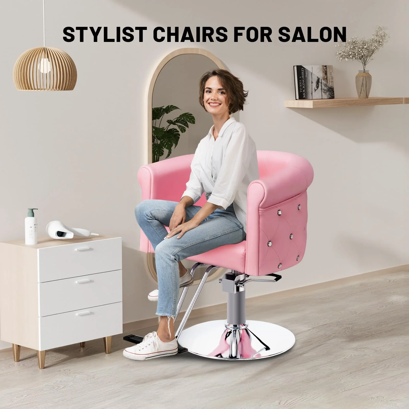 OmySalon SC3101 Modern Heavy Duty Hydraulic Swivel Hair Stylist Salon Chair w/Curved Backrest and Acrylic Button Accents - Image 23