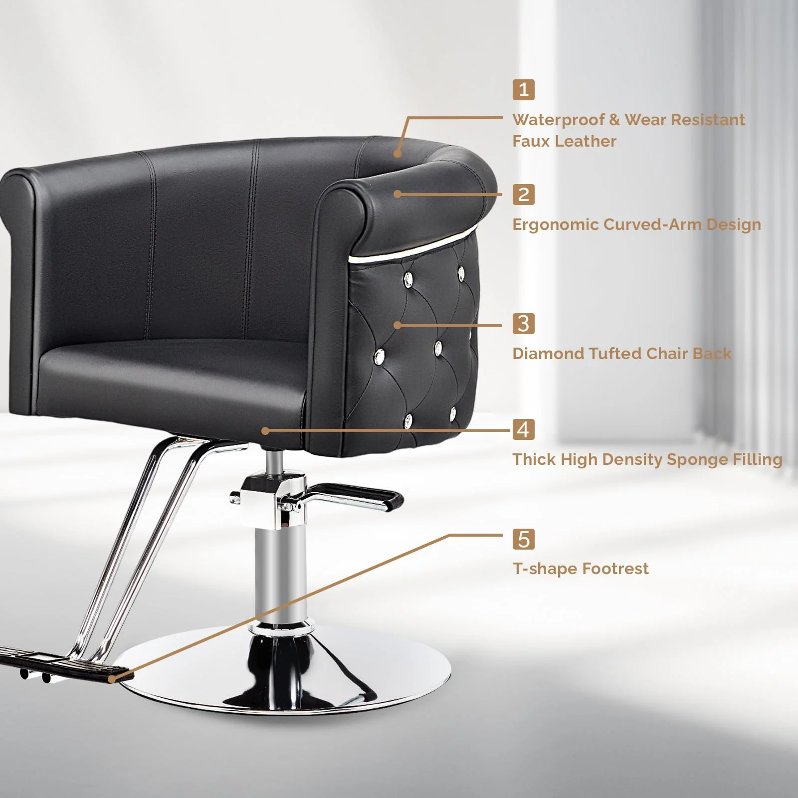 OmySalon SC3101 Modern Heavy Duty Hydraulic Swivel Hair Stylist Salon Chair w/Curved Backrest and Acrylic Button Accents - Image 4