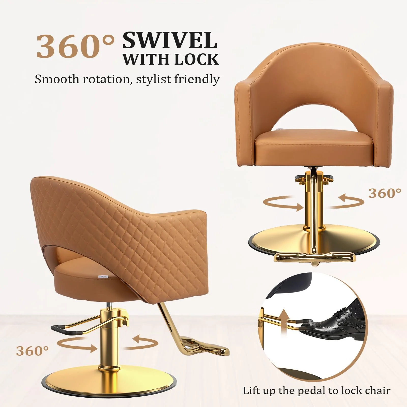 OmySalon SC3401 Heavy Duty 360° Swivel Styling Chair with Rhombus Stitch Pattern Back & Gold Footrest - Image 13