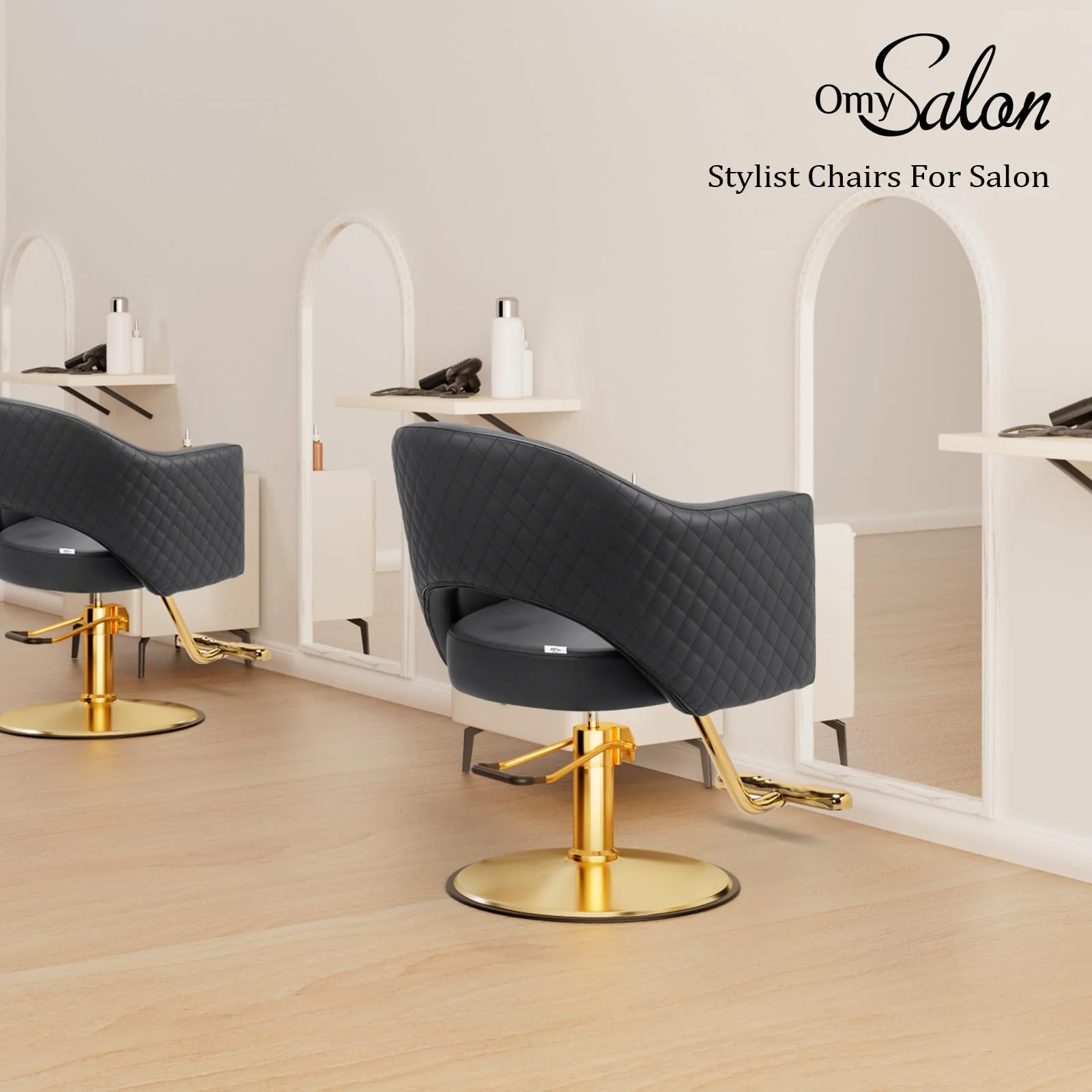 OmySalon SC3401 Heavy Duty 360° Swivel Styling Chair with Rhombus Stitch Pattern Back & Gold Footrest - Image 2