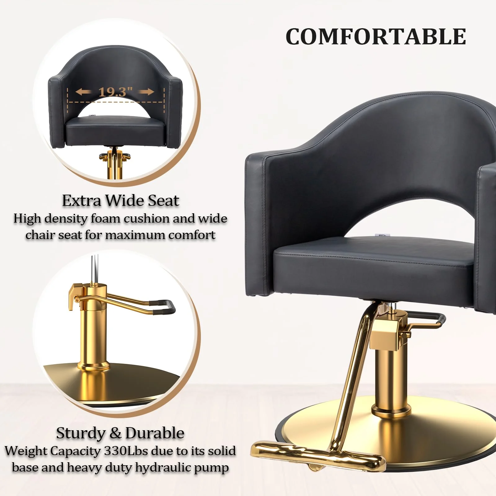 OmySalon SC3401 Heavy Duty 360° Swivel Styling Chair with Rhombus Stitch Pattern Back & Gold Footrest - Image 4