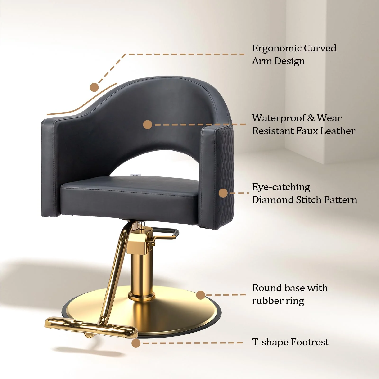 OmySalon SC3401 Heavy Duty 360° Swivel Styling Chair with Rhombus Stitch Pattern Back & Gold Footrest - Image 5