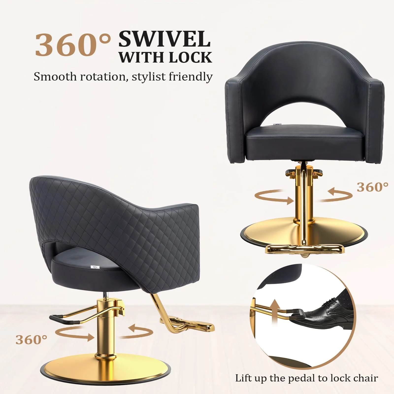 OmySalon SC3401 Heavy Duty 360° Swivel Styling Chair with Rhombus Stitch Pattern Back & Gold Footrest - Image 6