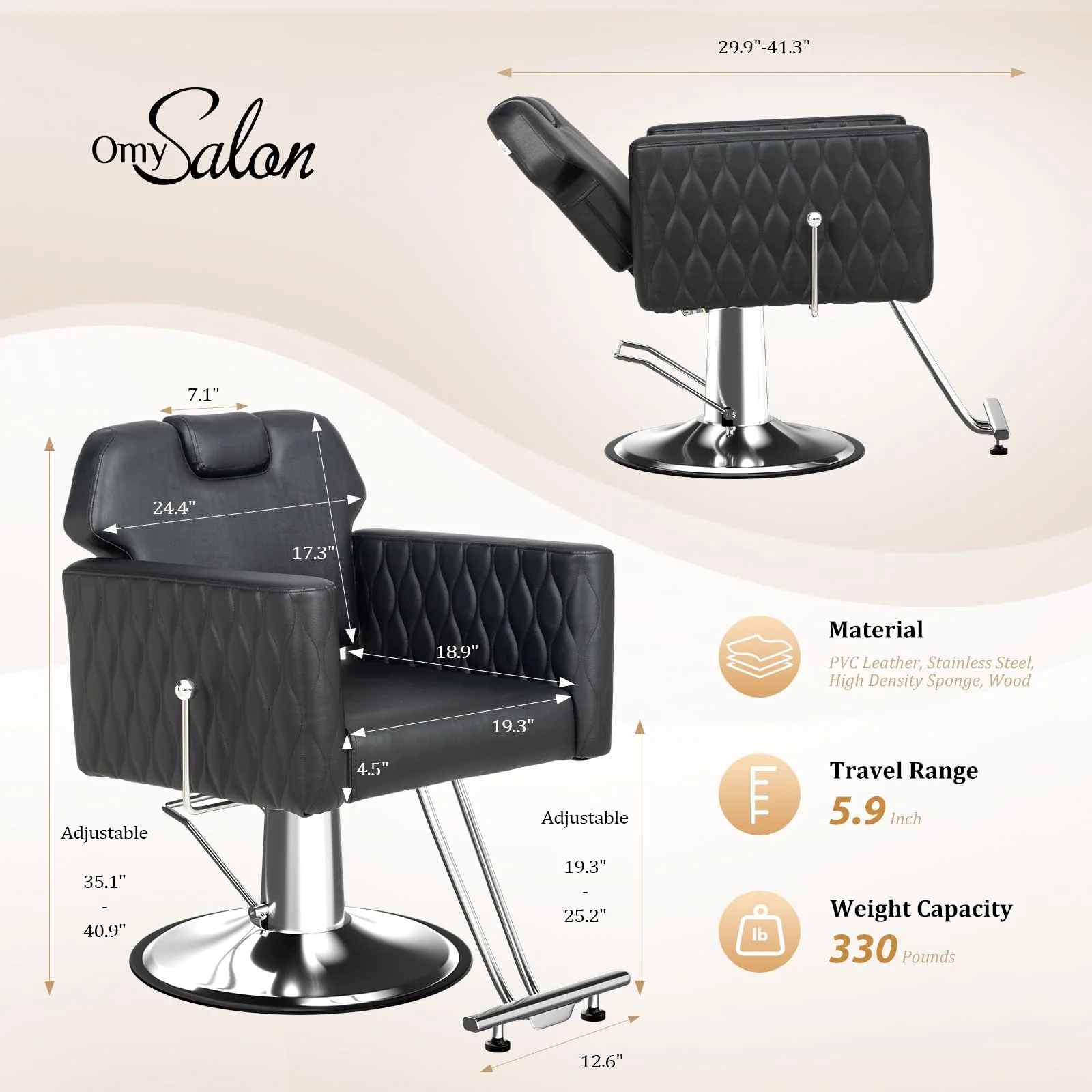 OmySalon SC3501 All Purpose Heavy Duty Hydraulic Reclining Salon Chair w/Headrest and Wave-pattern Armrests - Image 6