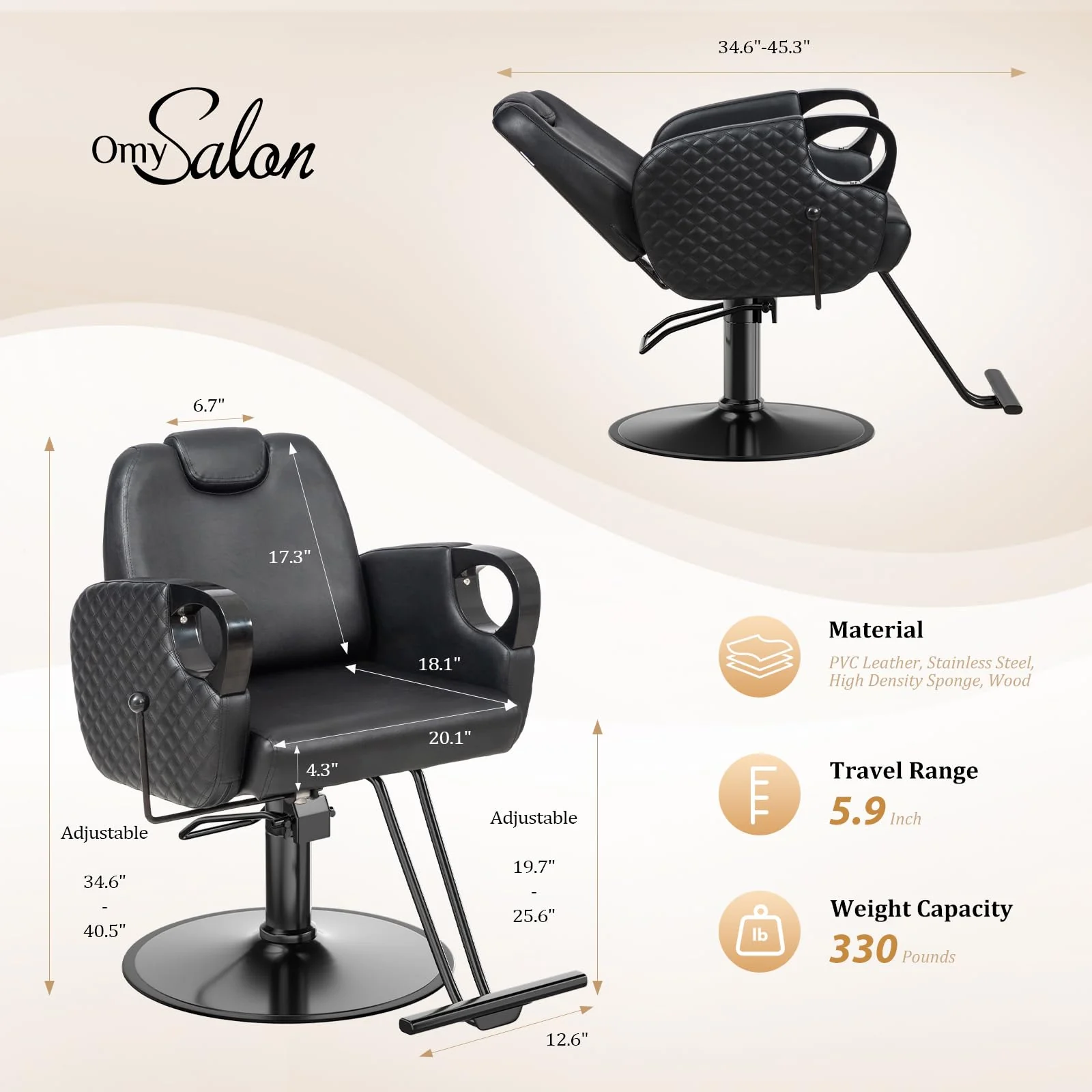 OmySalon SC3601 All Purpose Heavy Duty Hydraulic Reclining Salon Chair w/Headrest - Image 3