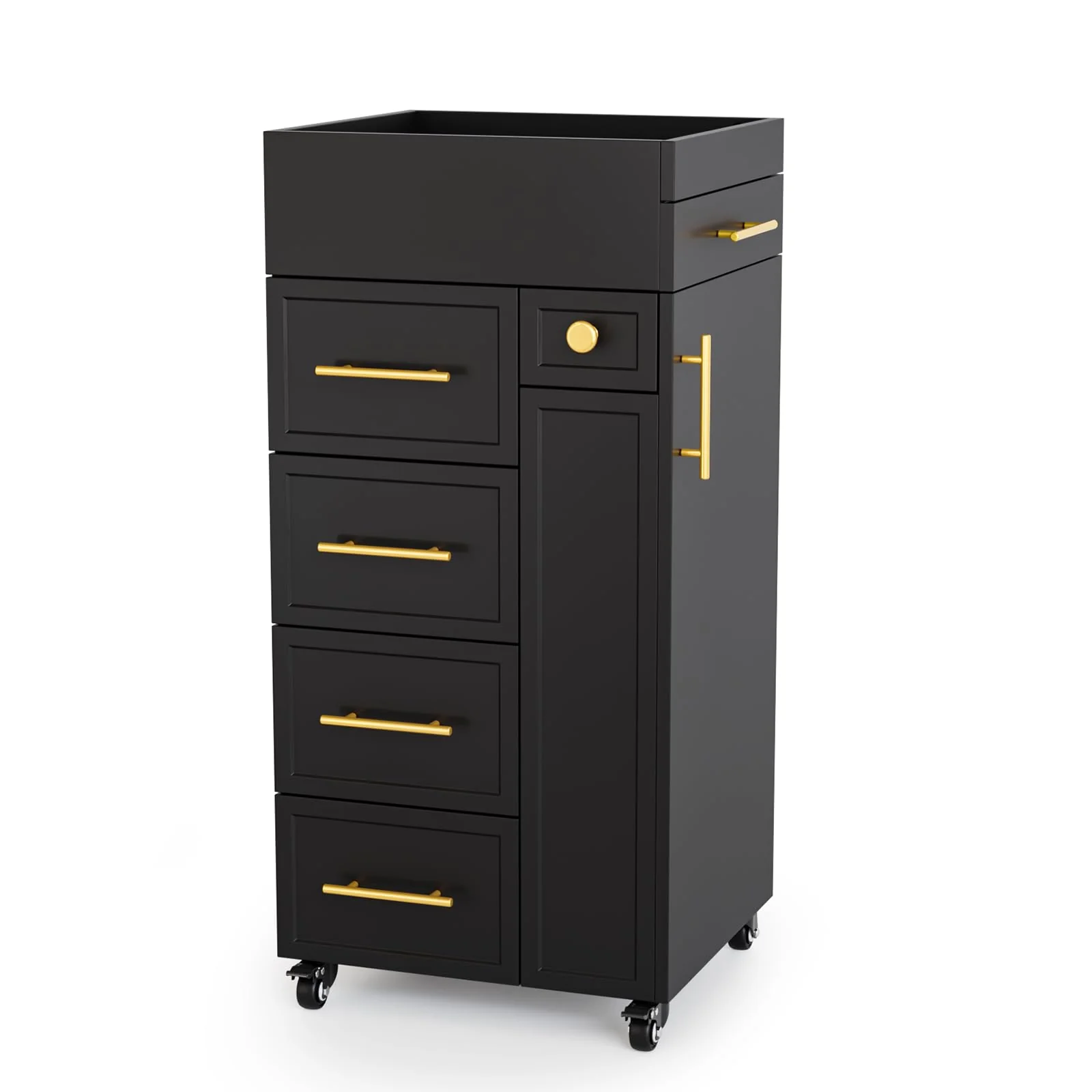 OmySalon SCFD Wooden Mobile Salon Trolley Cart w/Wheels & 5 Drawers 1 Cabinet 3 Tool Holders