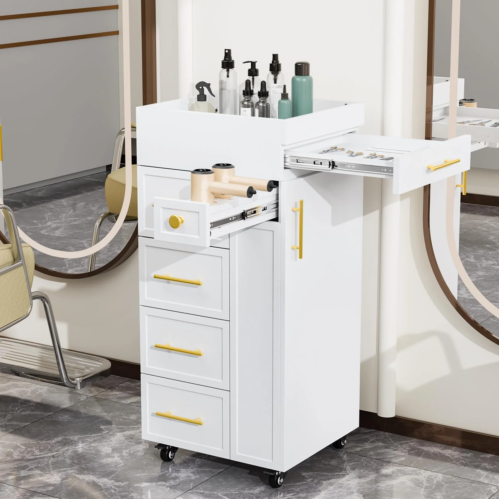 OmySalon SCFD Wooden Mobile Salon Trolley Cart w/Wheels & 5 Drawers 1 Cabinet 3 Tool Holders - Image 11
