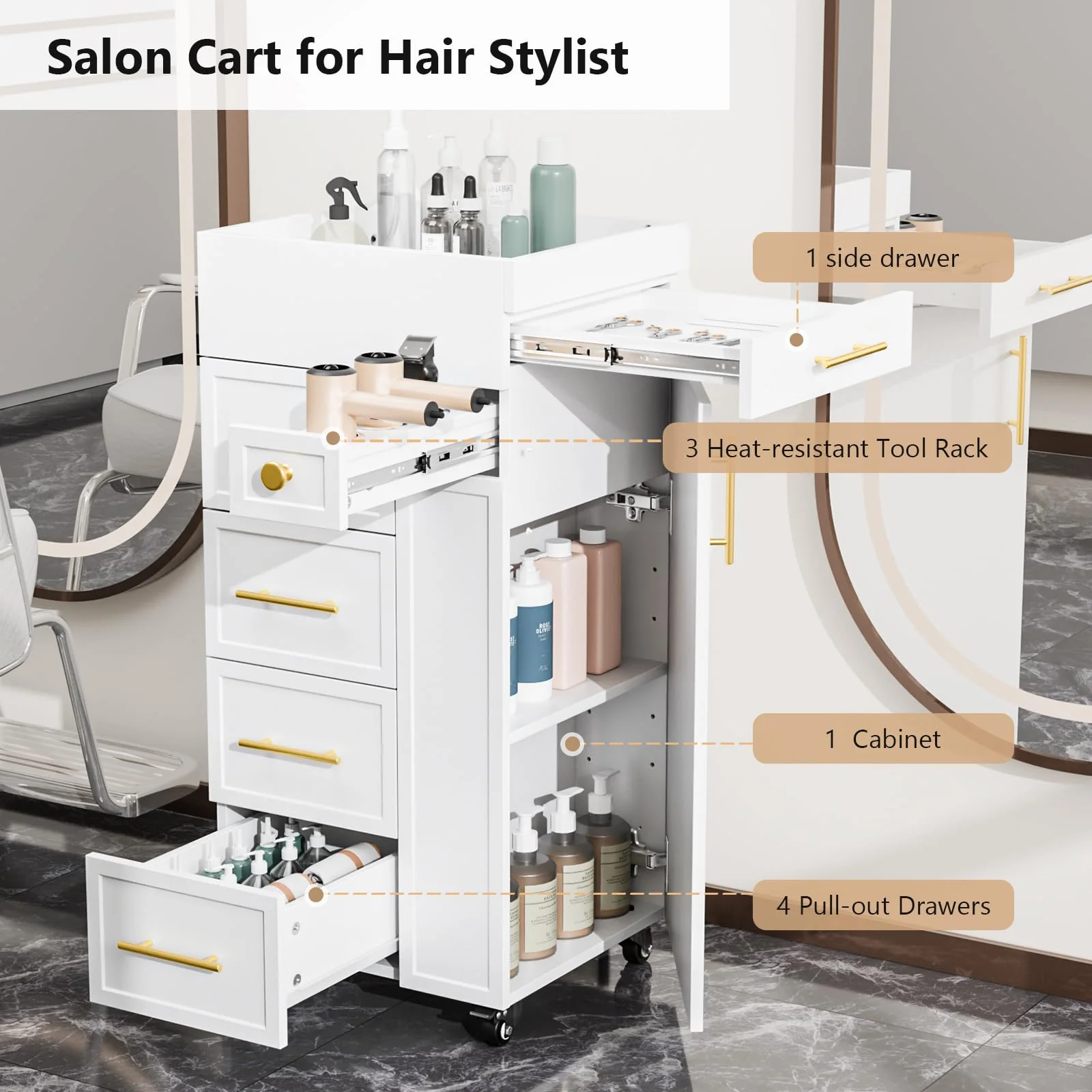 OmySalon SCFD Wooden Mobile Salon Trolley Cart w/Wheels & 5 Drawers 1 Cabinet 3 Tool Holders - Image 12
