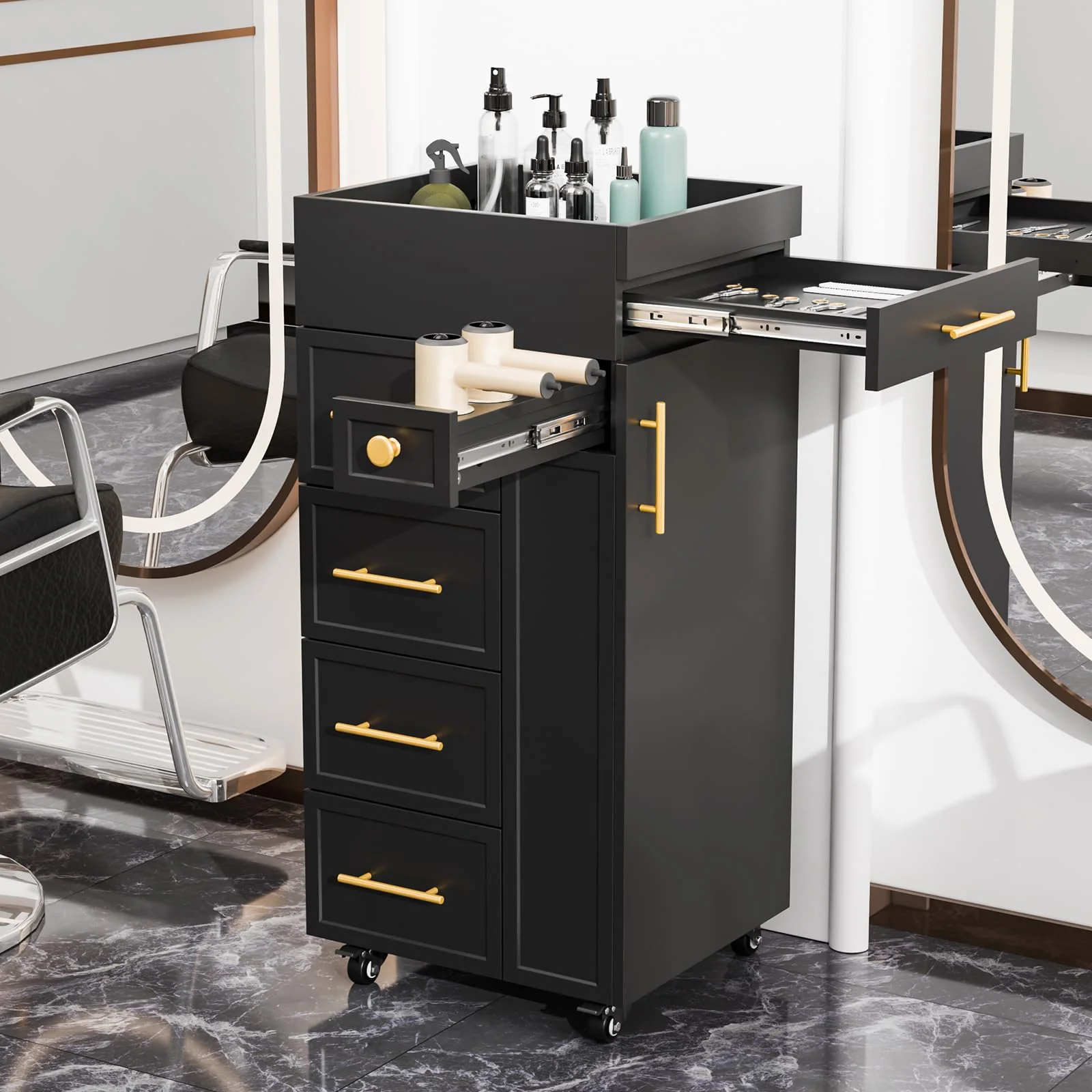OmySalon SCFD Wooden Mobile Salon Trolley Cart w/Wheels & 5 Drawers 1 Cabinet 3 Tool Holders - Image 2