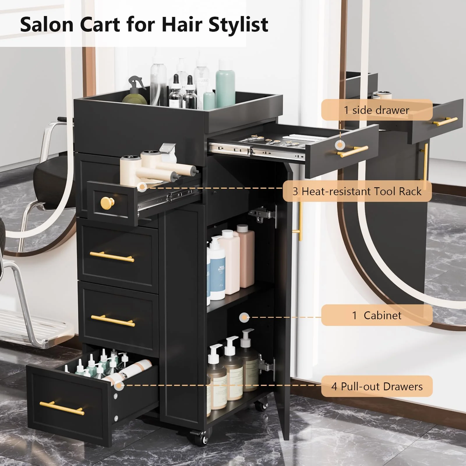 OmySalon SCFD Wooden Mobile Salon Trolley Cart w/Wheels & 5 Drawers 1 Cabinet 3 Tool Holders - Image 3