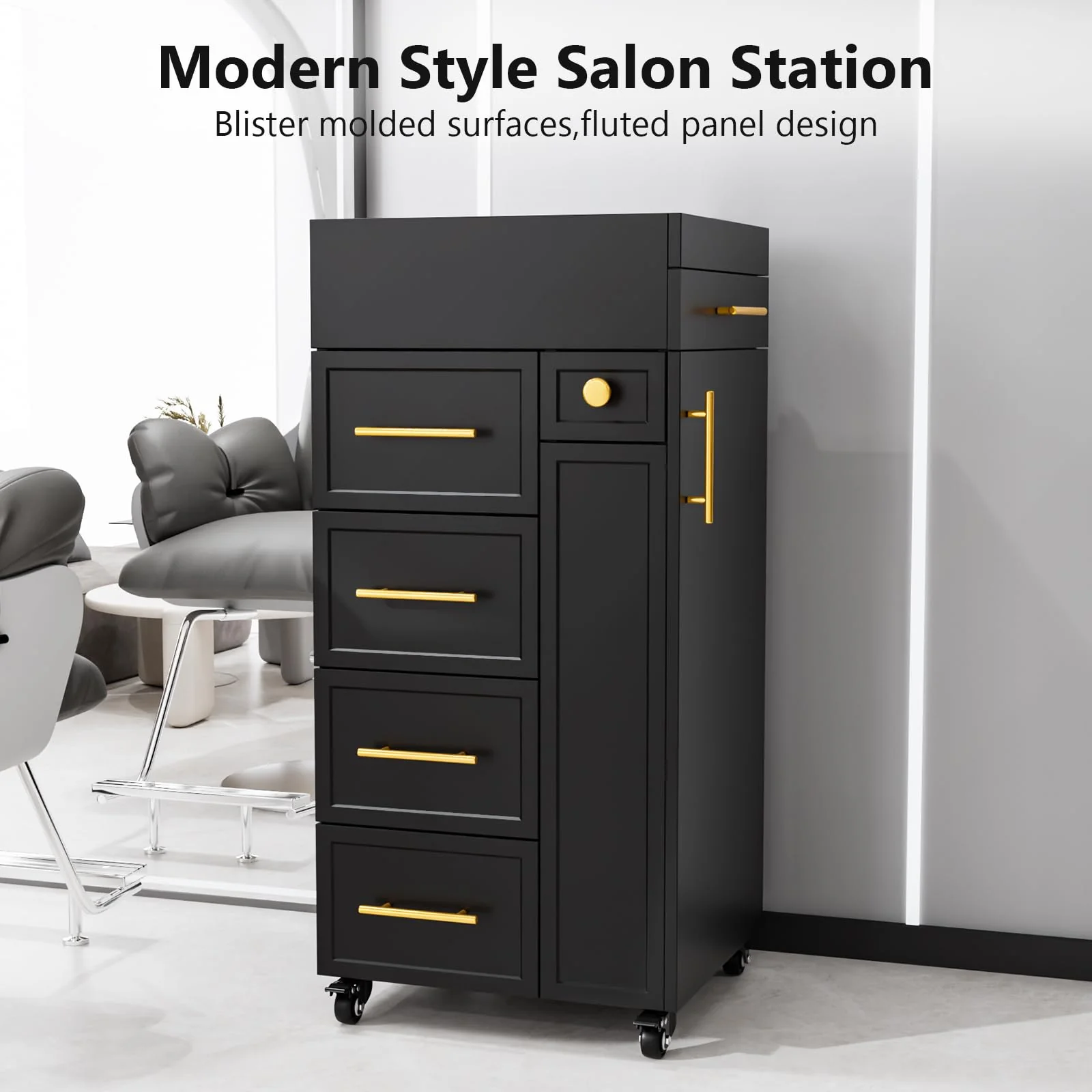 OmySalon SCFD Wooden Mobile Salon Trolley Cart w/Wheels & 5 Drawers 1 Cabinet 3 Tool Holders - Image 7