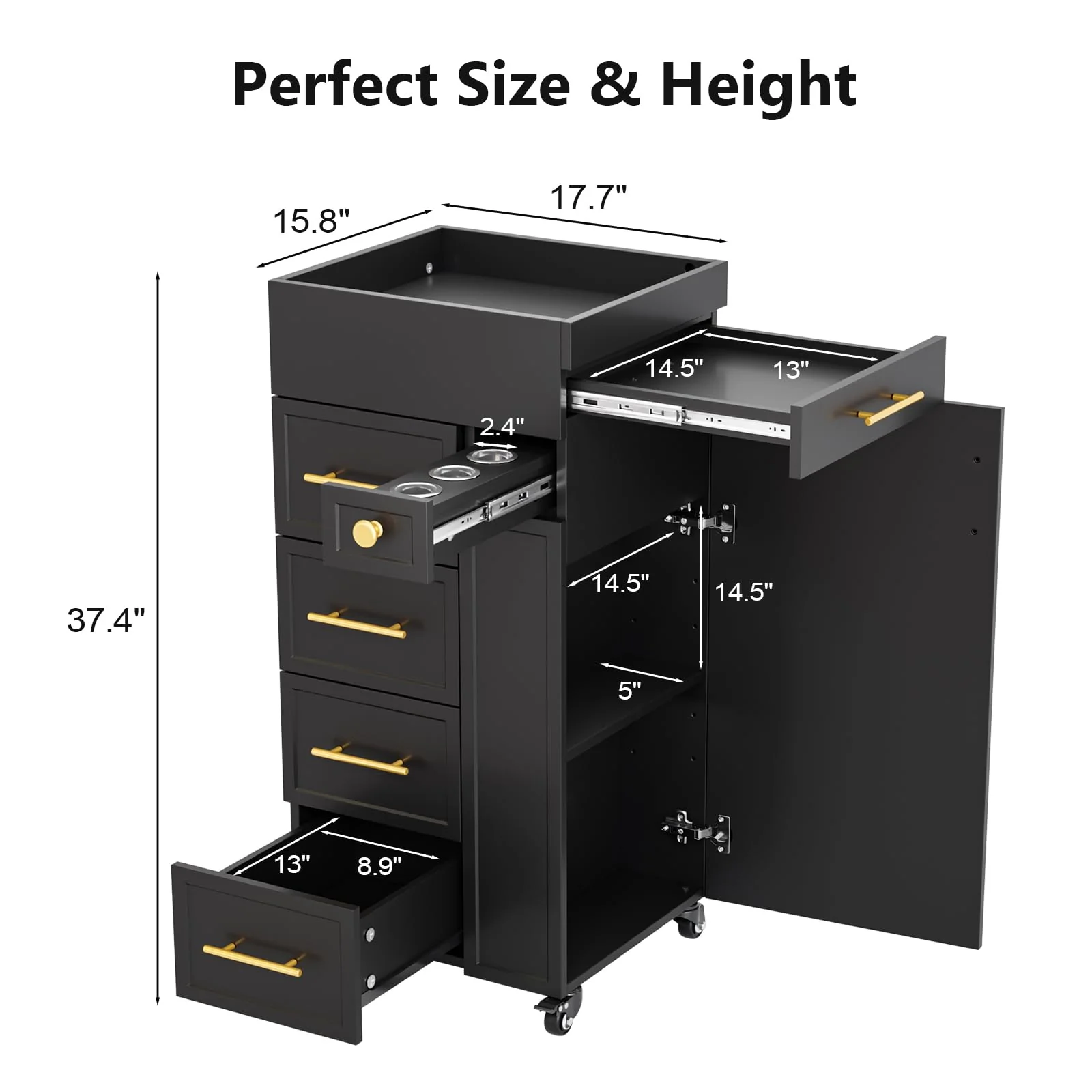 OmySalon SCFD Wooden Mobile Salon Trolley Cart w/Wheels & 5 Drawers 1 Cabinet 3 Tool Holders - Image 8