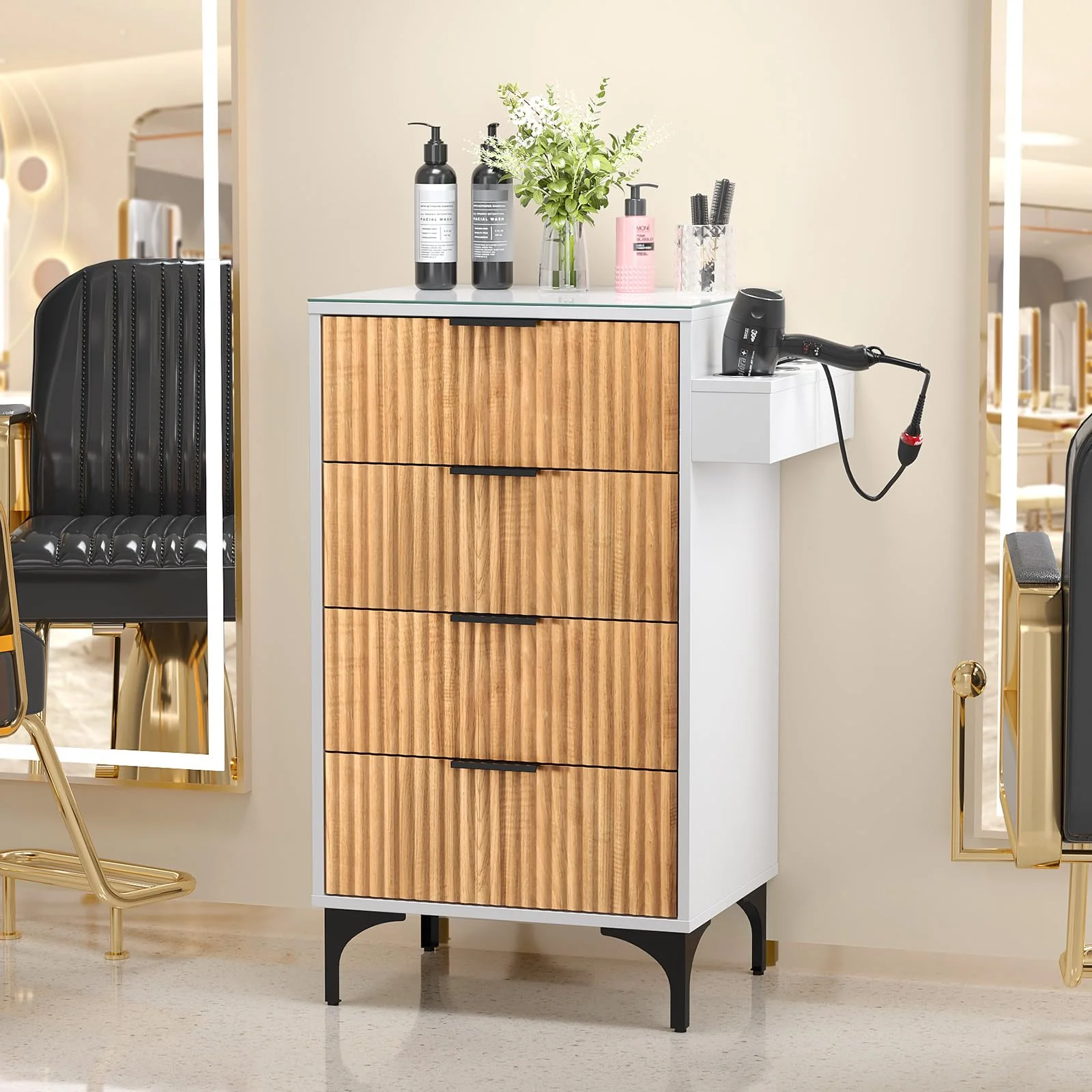 OmySalon SCWFD Modern Retro Style Salon Styling Storage Station Cabinet with Removable Glass Top & 4 Drawers 3 Hot Tool Holders - Image 11
