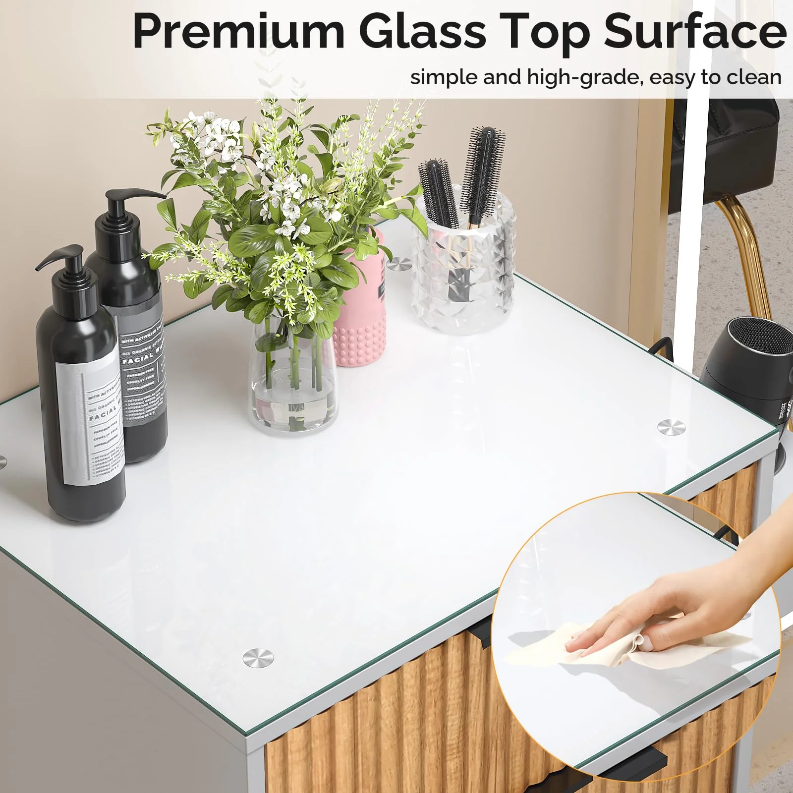 OmySalon SCWFD Modern Retro Style Salon Styling Storage Station Cabinet with Removable Glass Top & 4 Drawers 3 Hot Tool Holders - Image 13