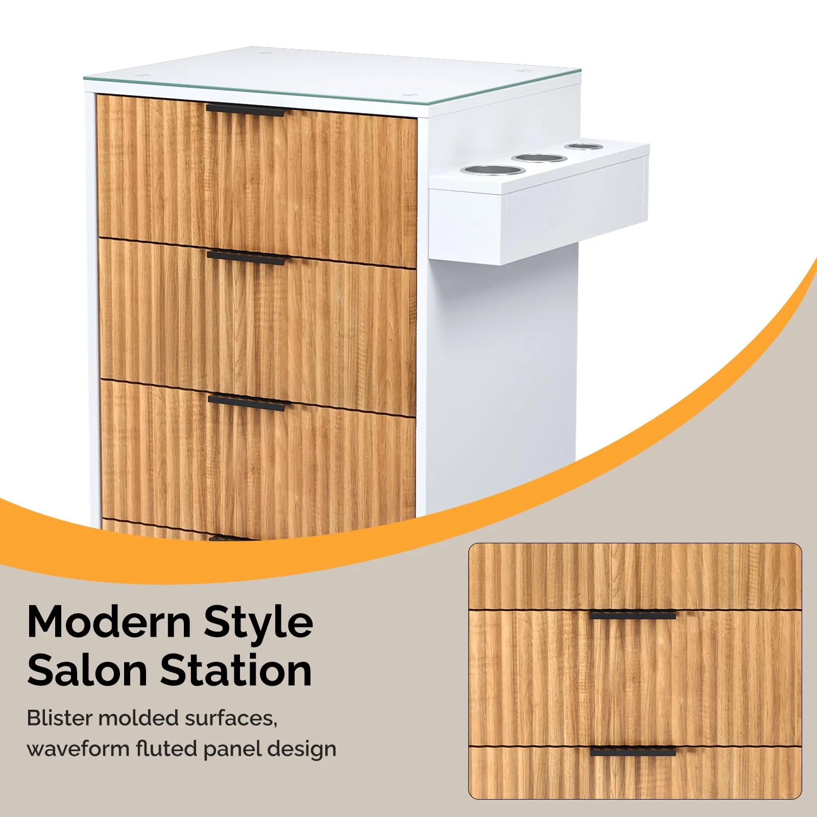 OmySalon SCWFD Modern Retro Style Salon Styling Storage Station Cabinet with Removable Glass Top & 4 Drawers 3 Hot Tool Holders - Image 14